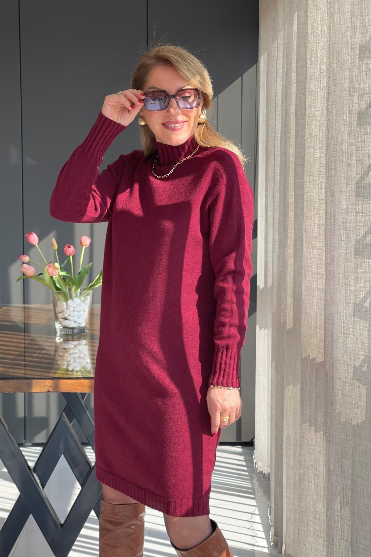 Balıkçı Yaka İthal Triko Bordo Elbise