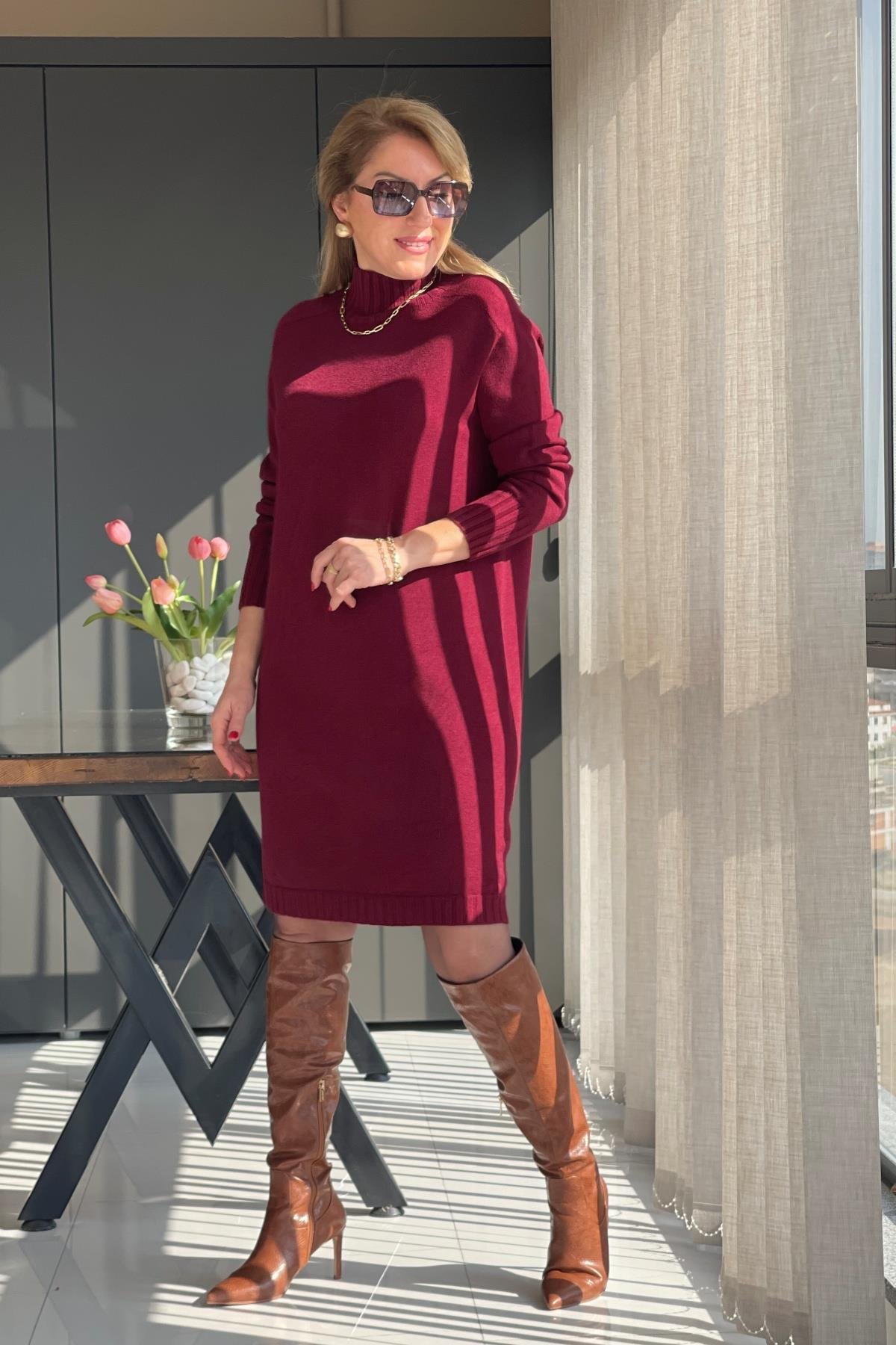 Balıkçı Yaka İthal Triko Bordo Elbise