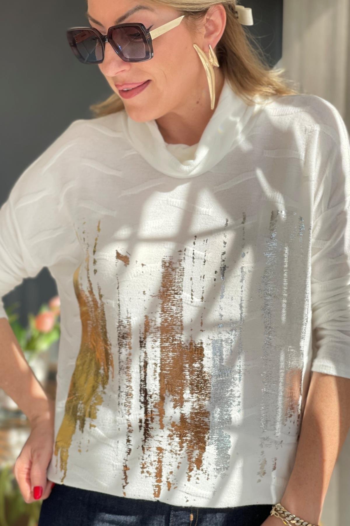 Batik Alev Desen Yaldızlı Bluz
