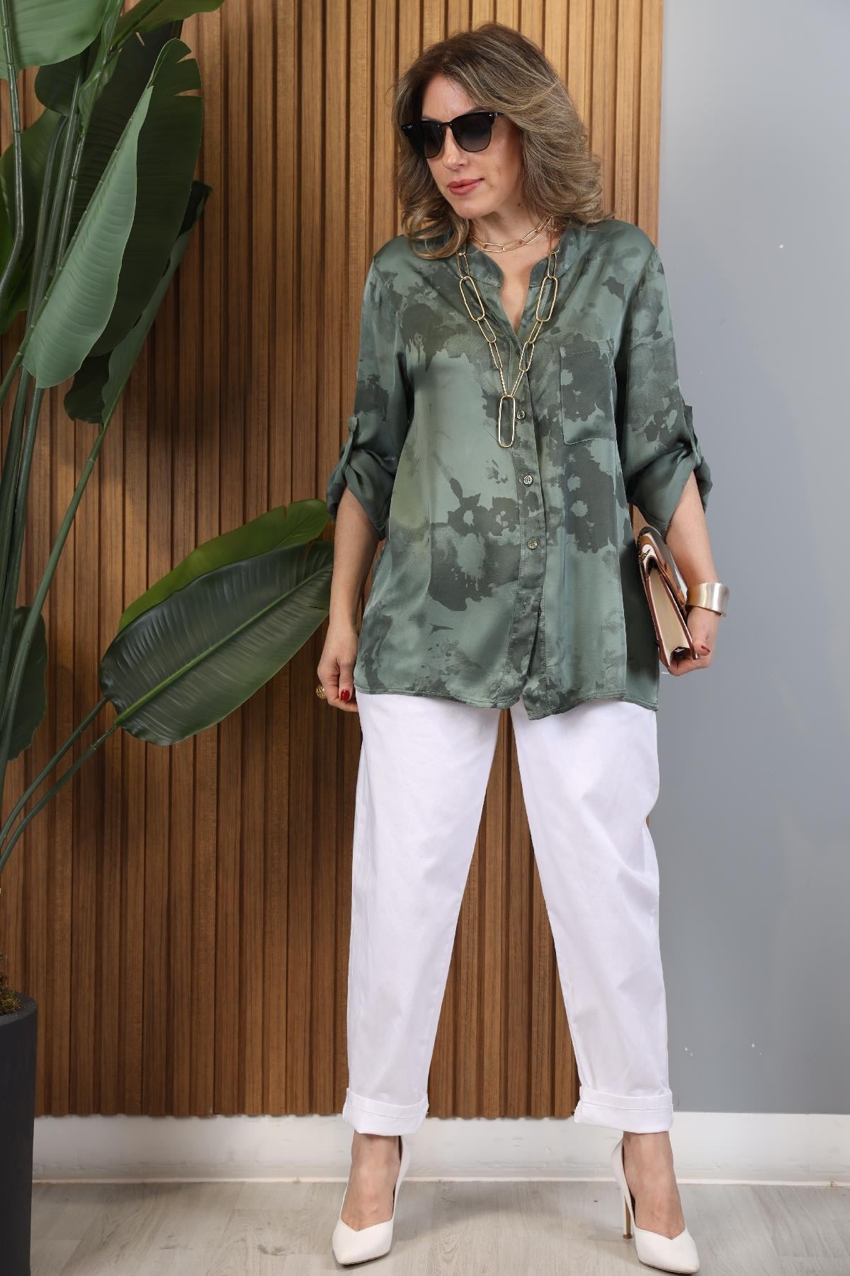 Batik Desen İthal Saten Haki Gömlek