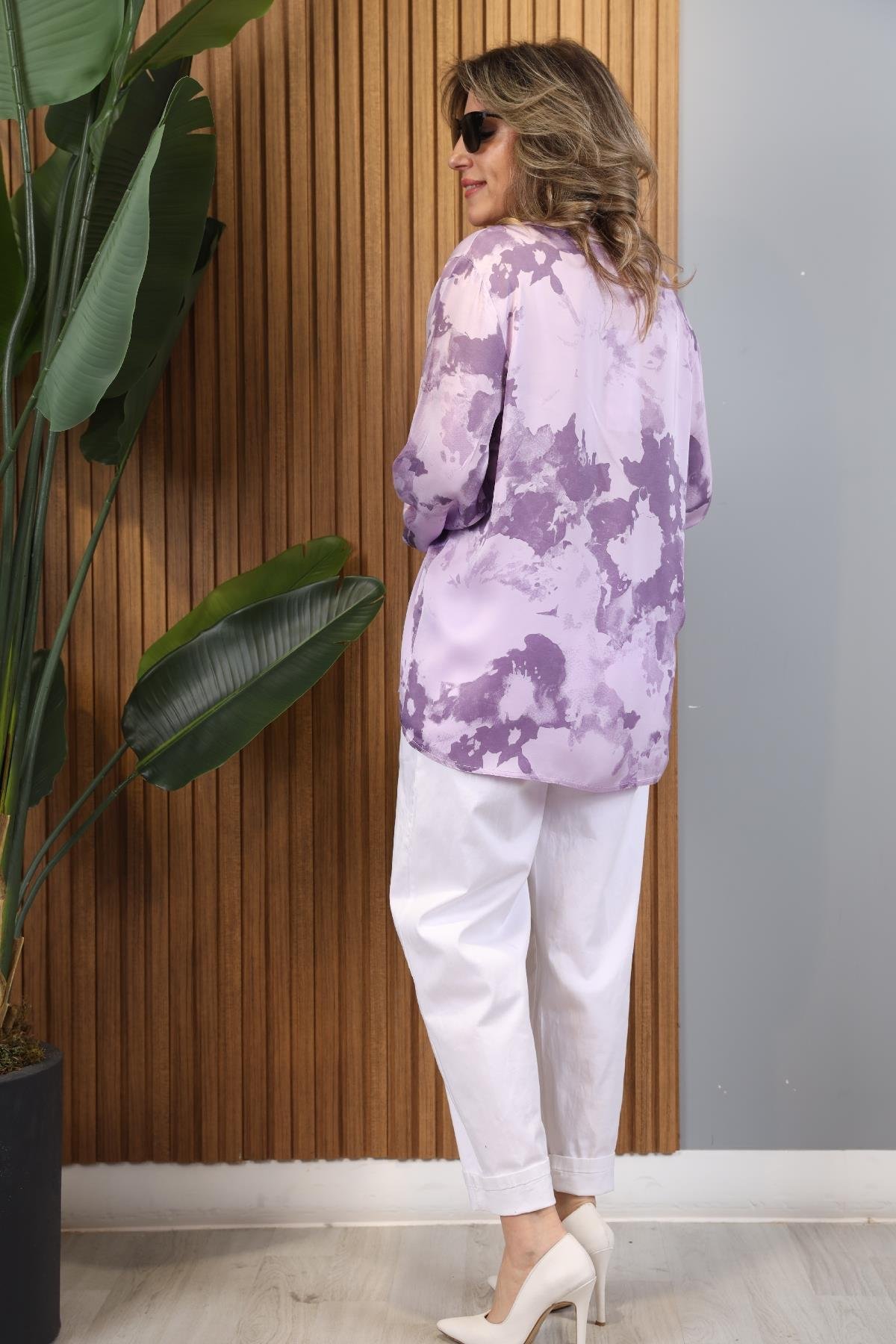 Batik Desen İthal Saten Lila Gömlek
