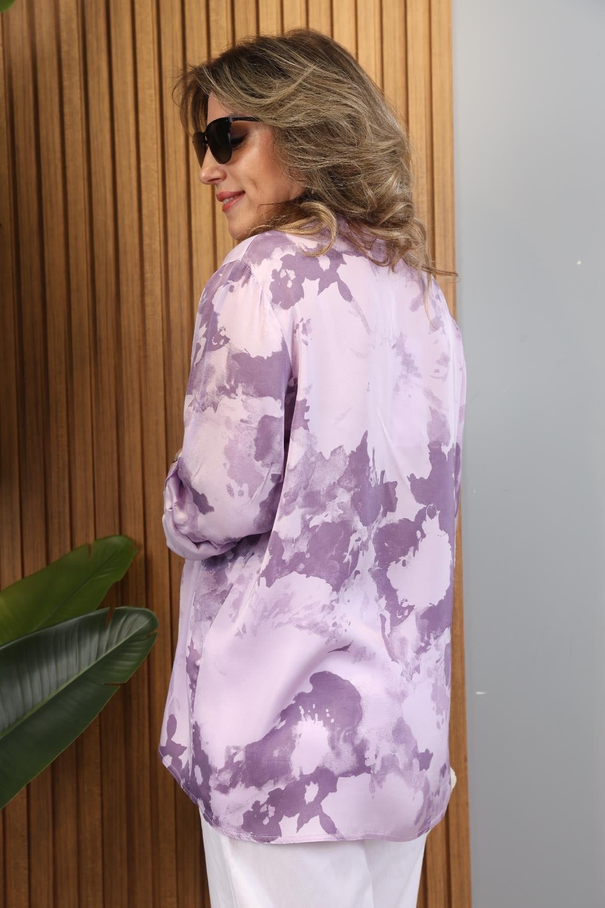 Batik Desen İthal Saten Lila Gömlek