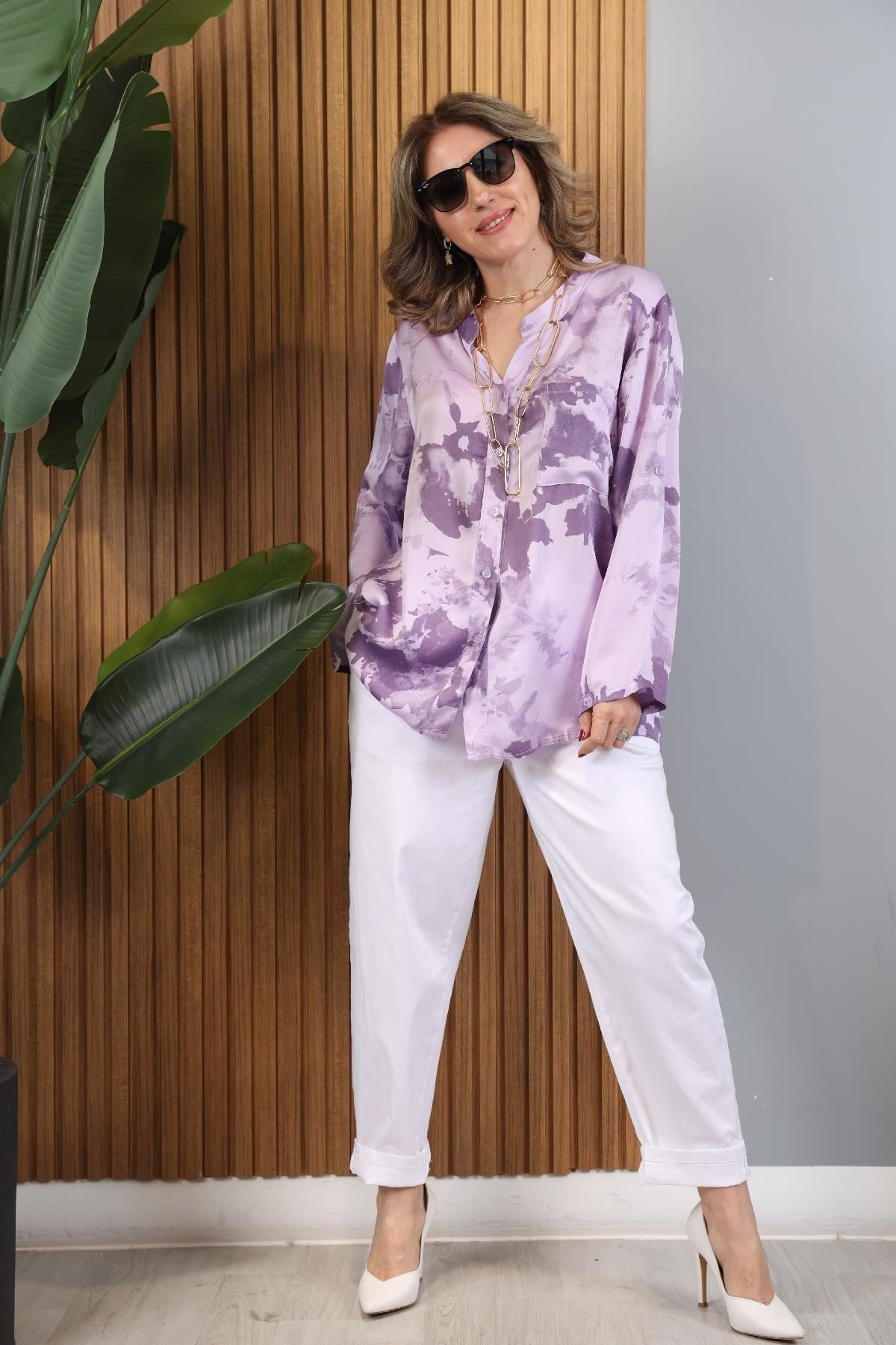 Batik Desen İthal Saten Lila Gömlek