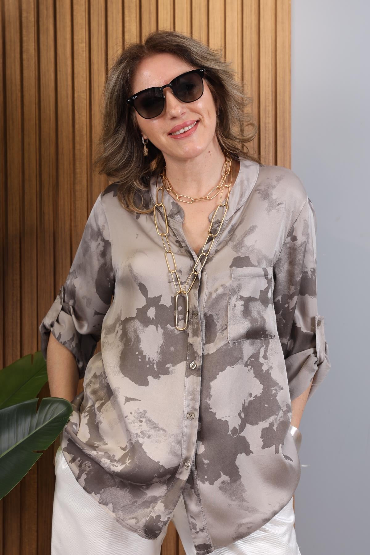Batik Desen İthal Saten Vizon Gömlek
