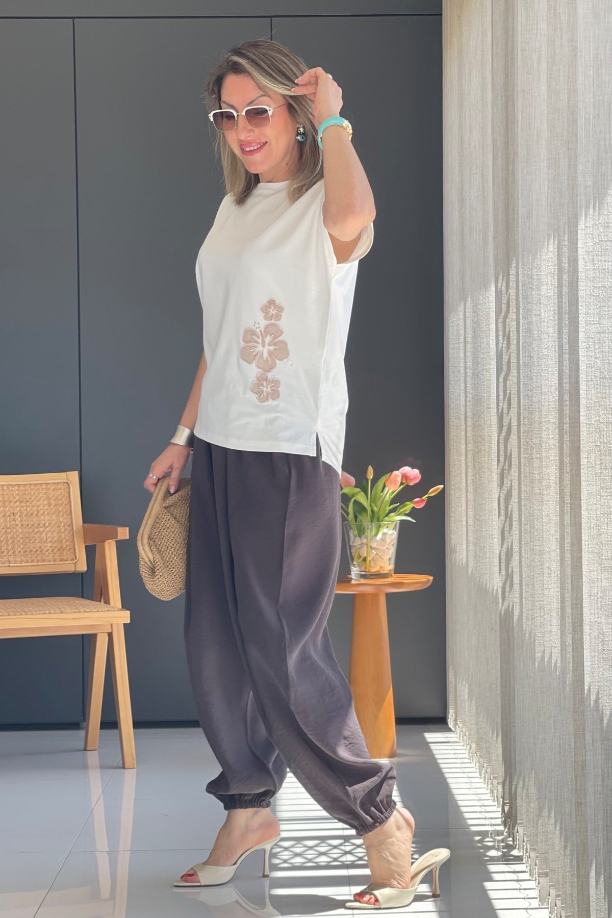 Bej Boncuk Baskı Ekru T-Shirt