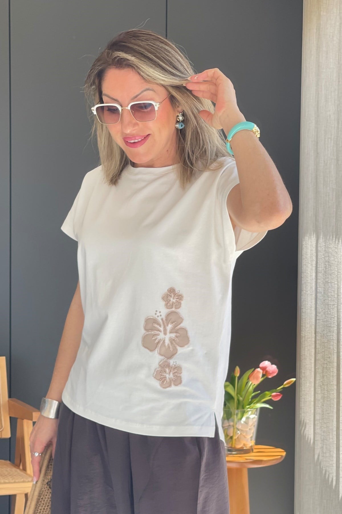 Bej Boncuk Baskı Ekru T-Shirt