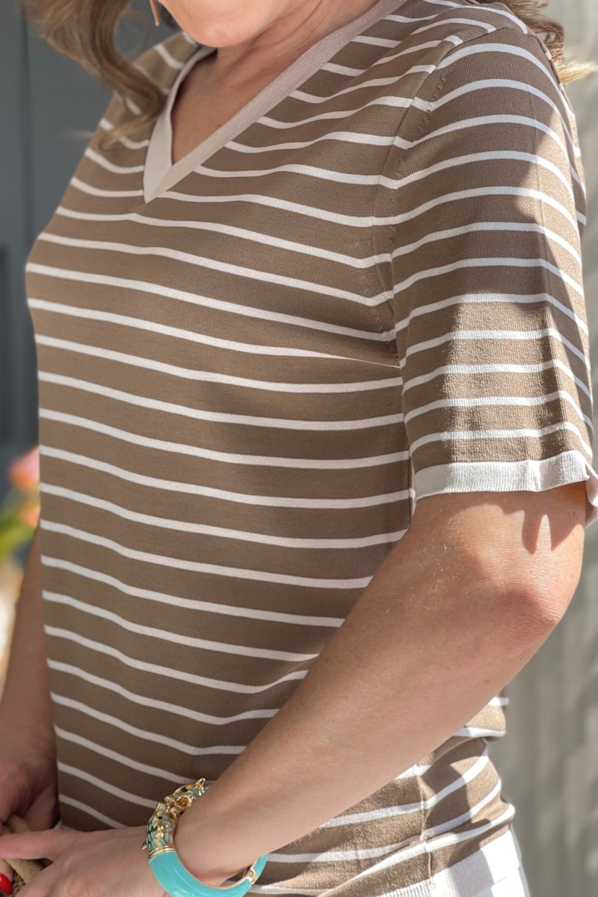 Bej Çizgi Cappuccıno Triko Bluz