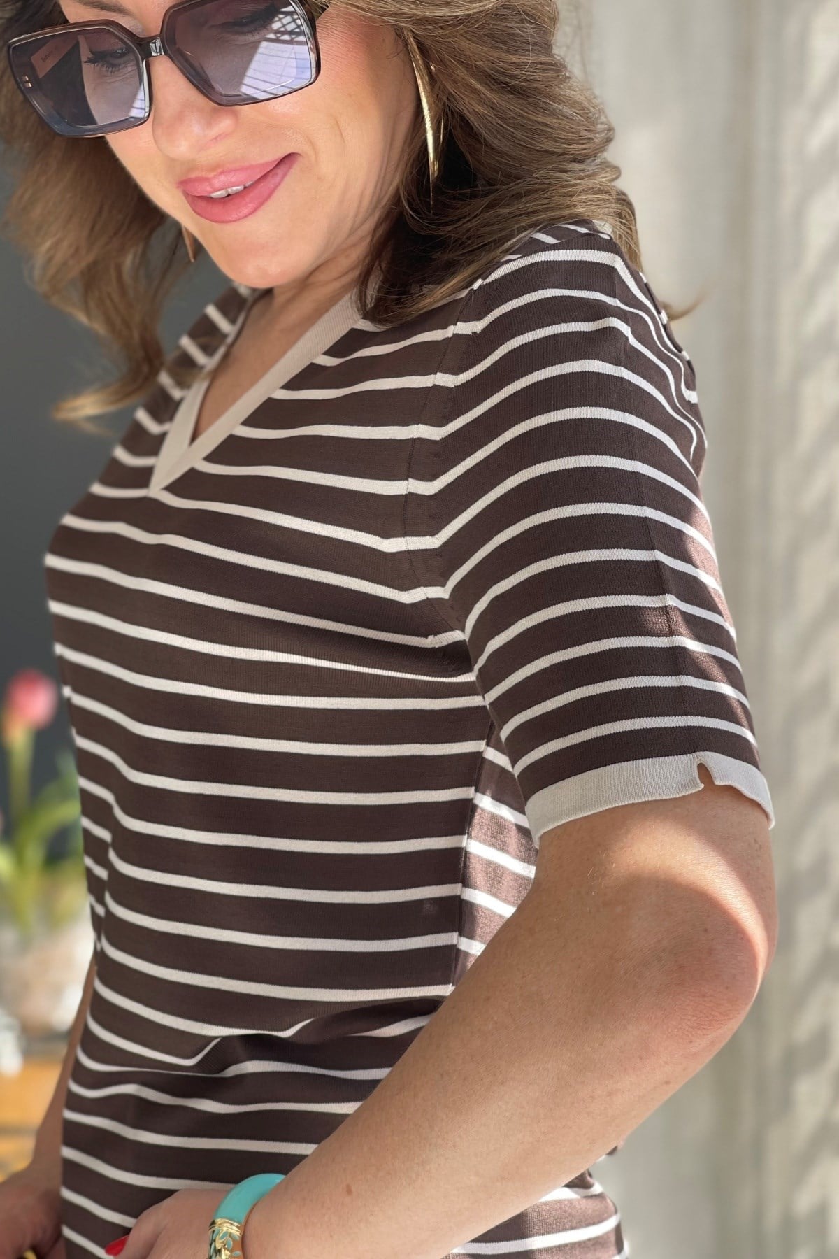 Bej Çizgi Kahve Triko Bluz