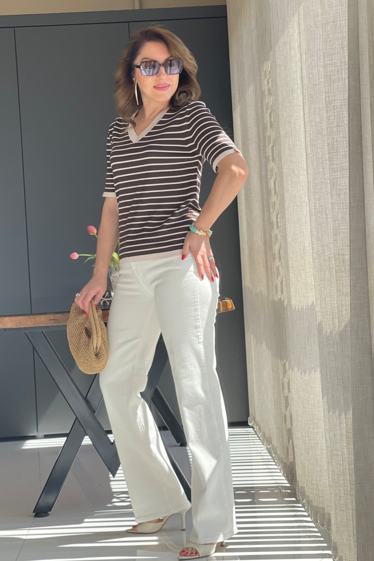 Bej Çizgi Kahve Triko Bluz