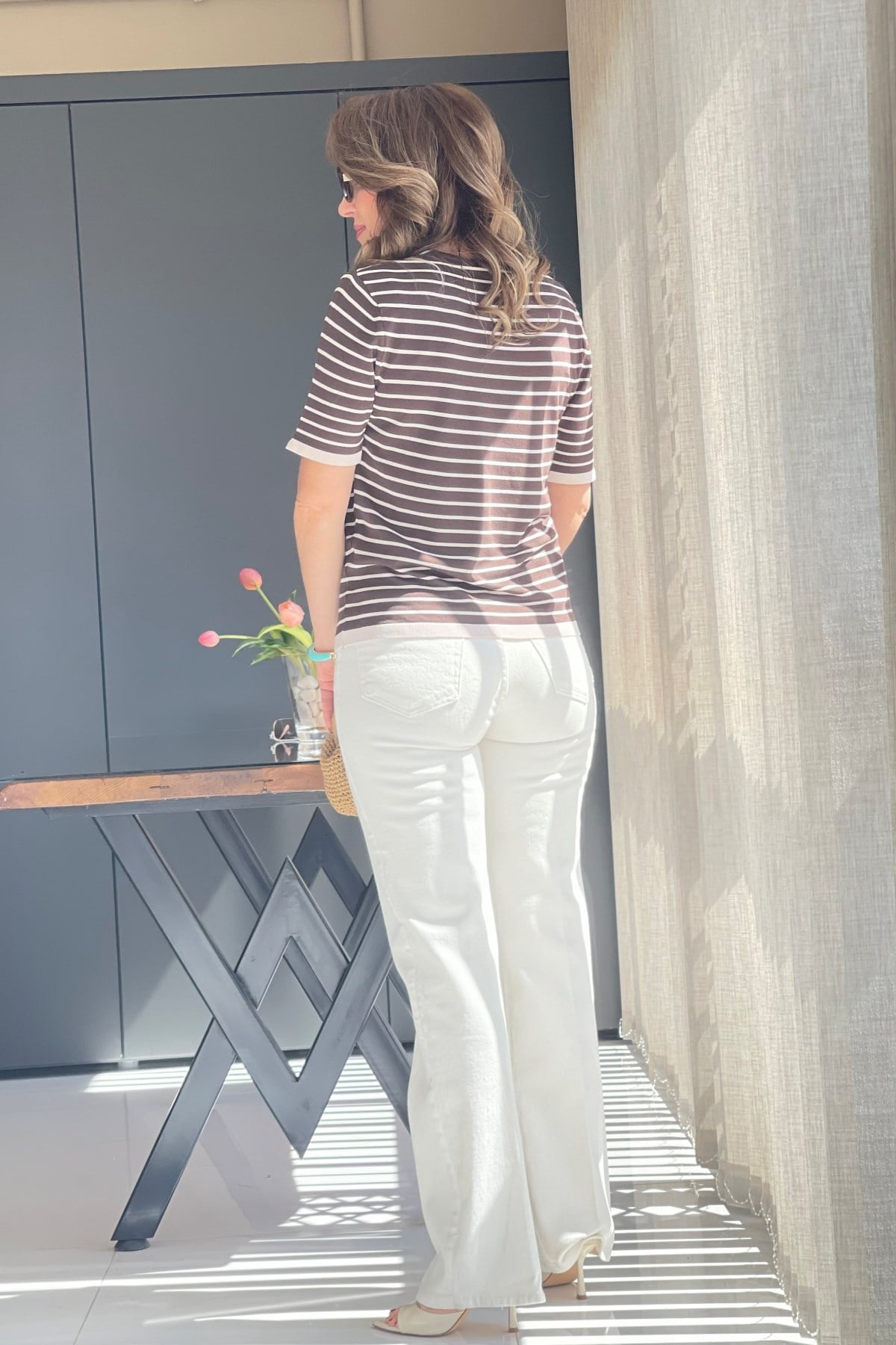 Bej Çizgi Kahve Triko Bluz