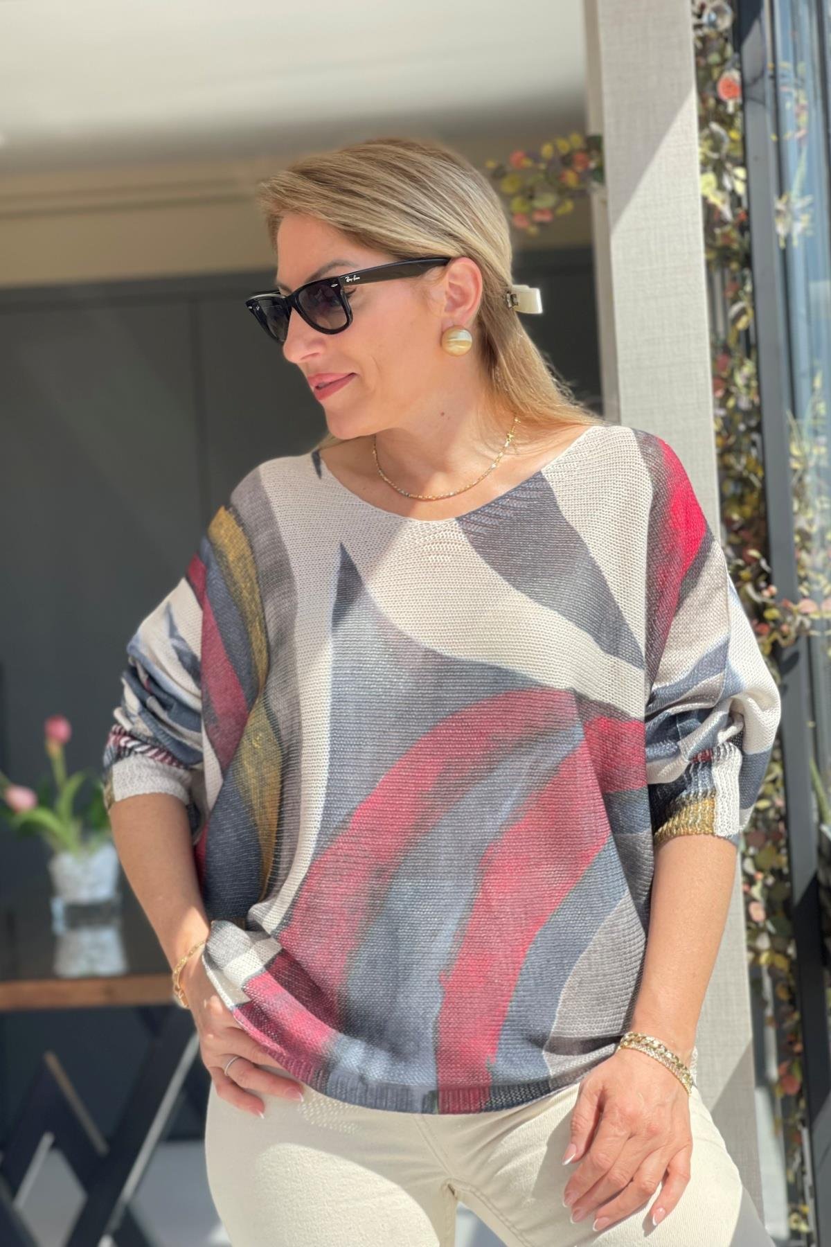 Bej Karışık Model Triko Bluz