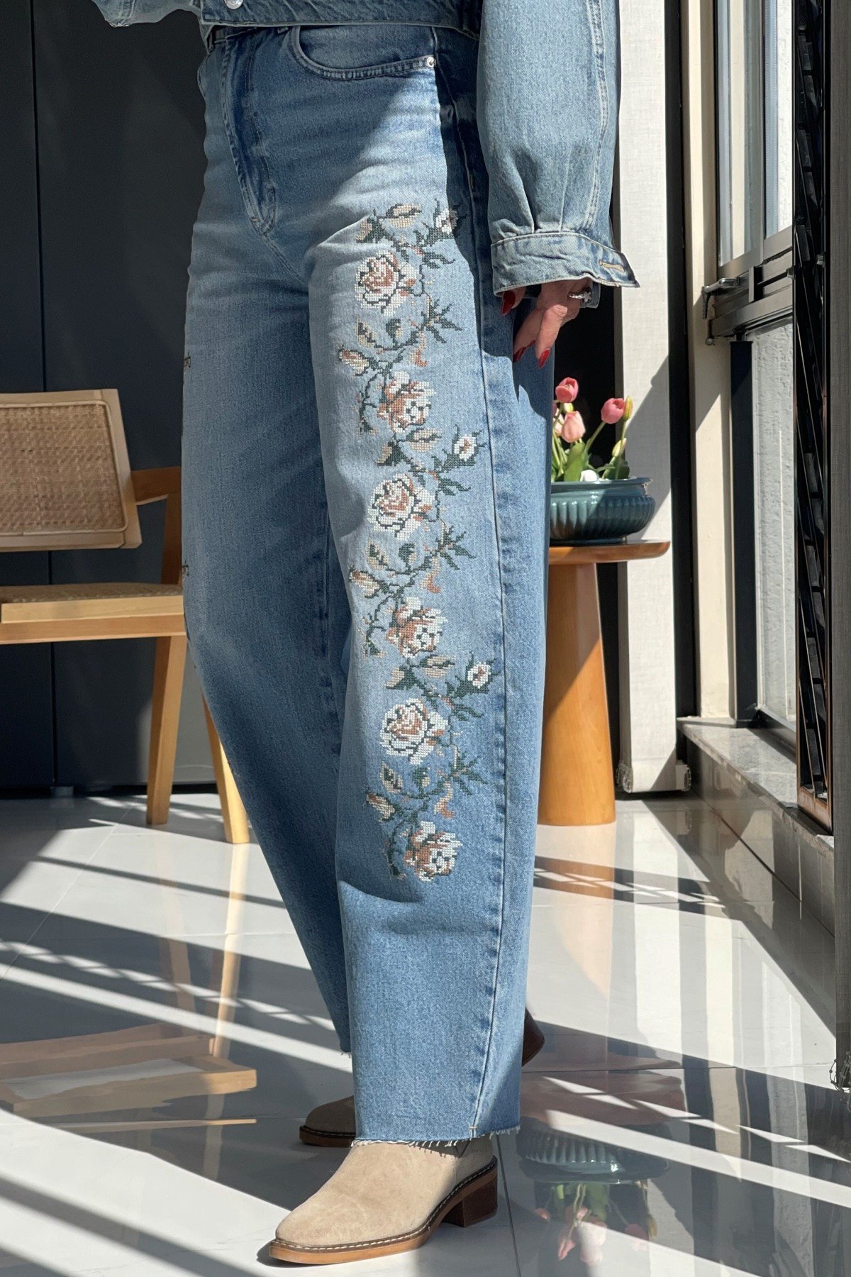 Bej Nakış Baggy Jean