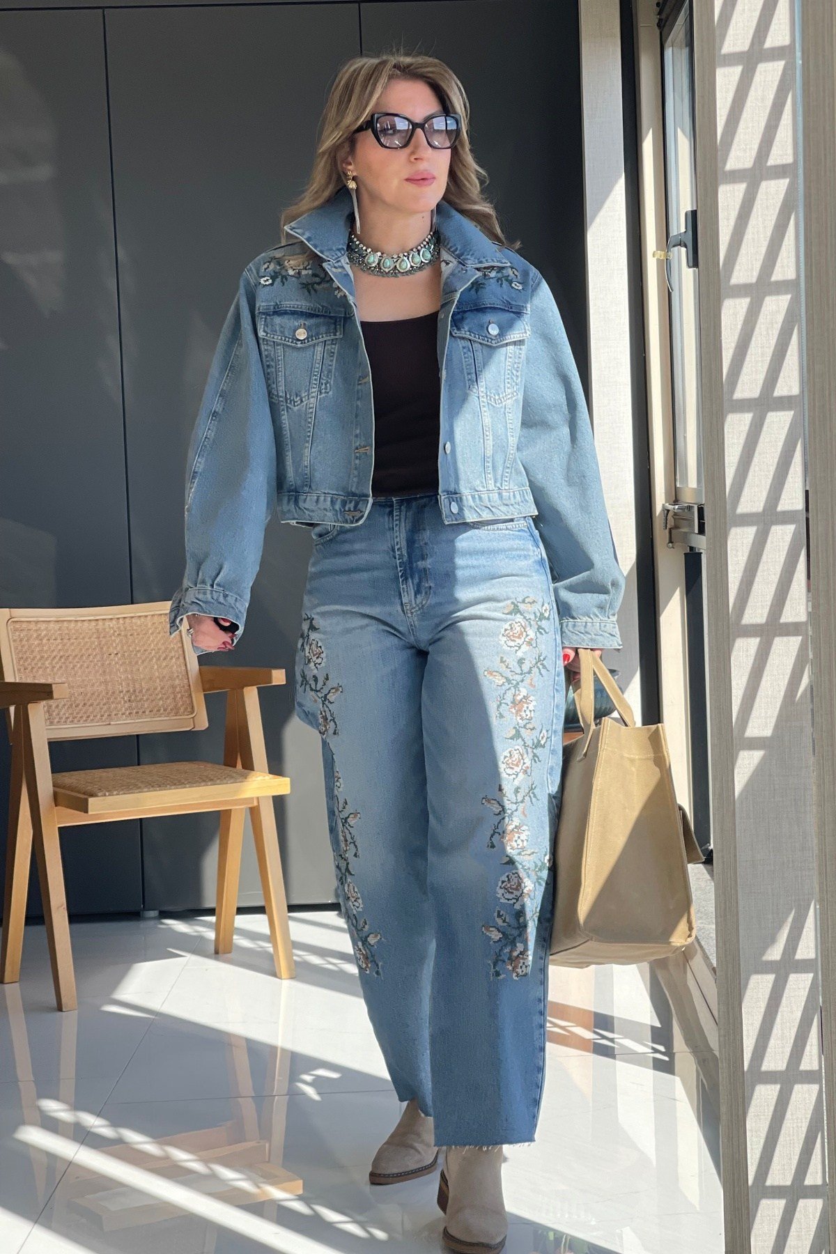 Bej Nakış Baggy Jean