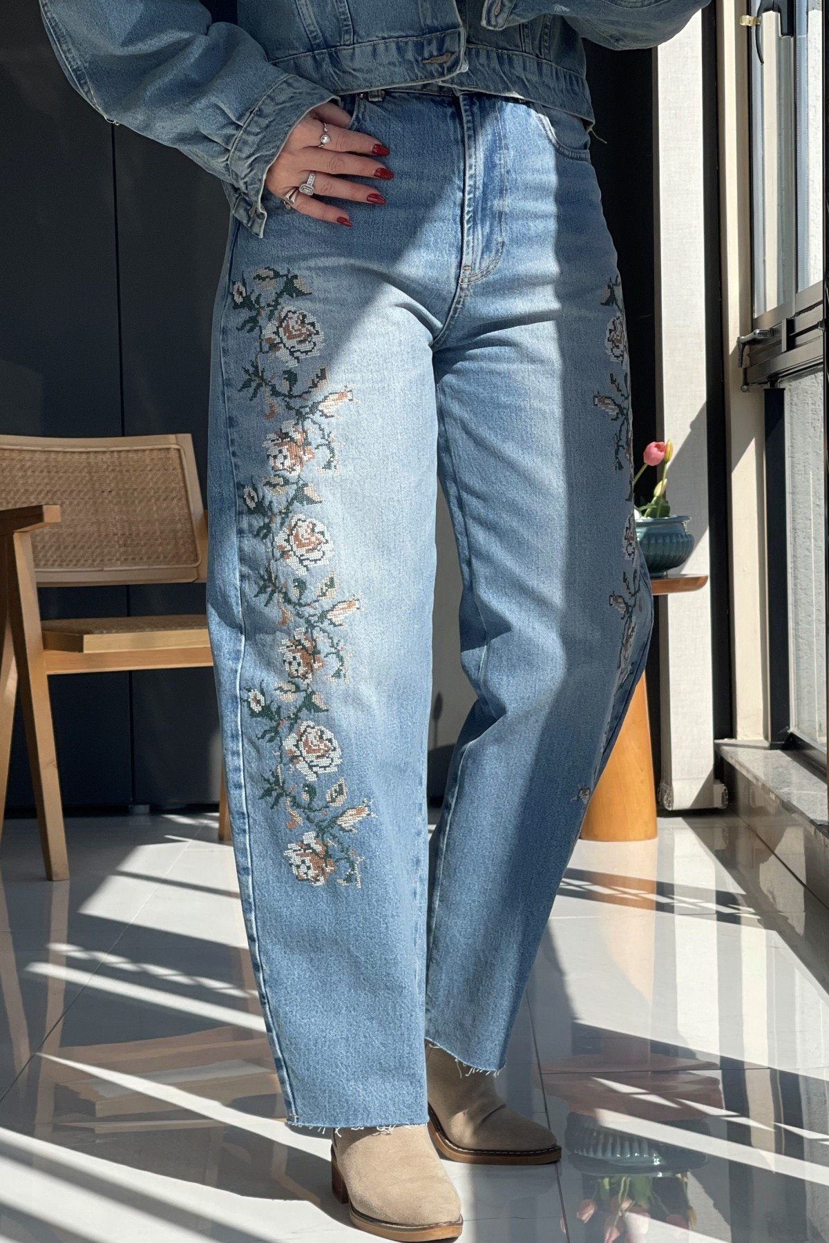 Bej Nakış Baggy Jean