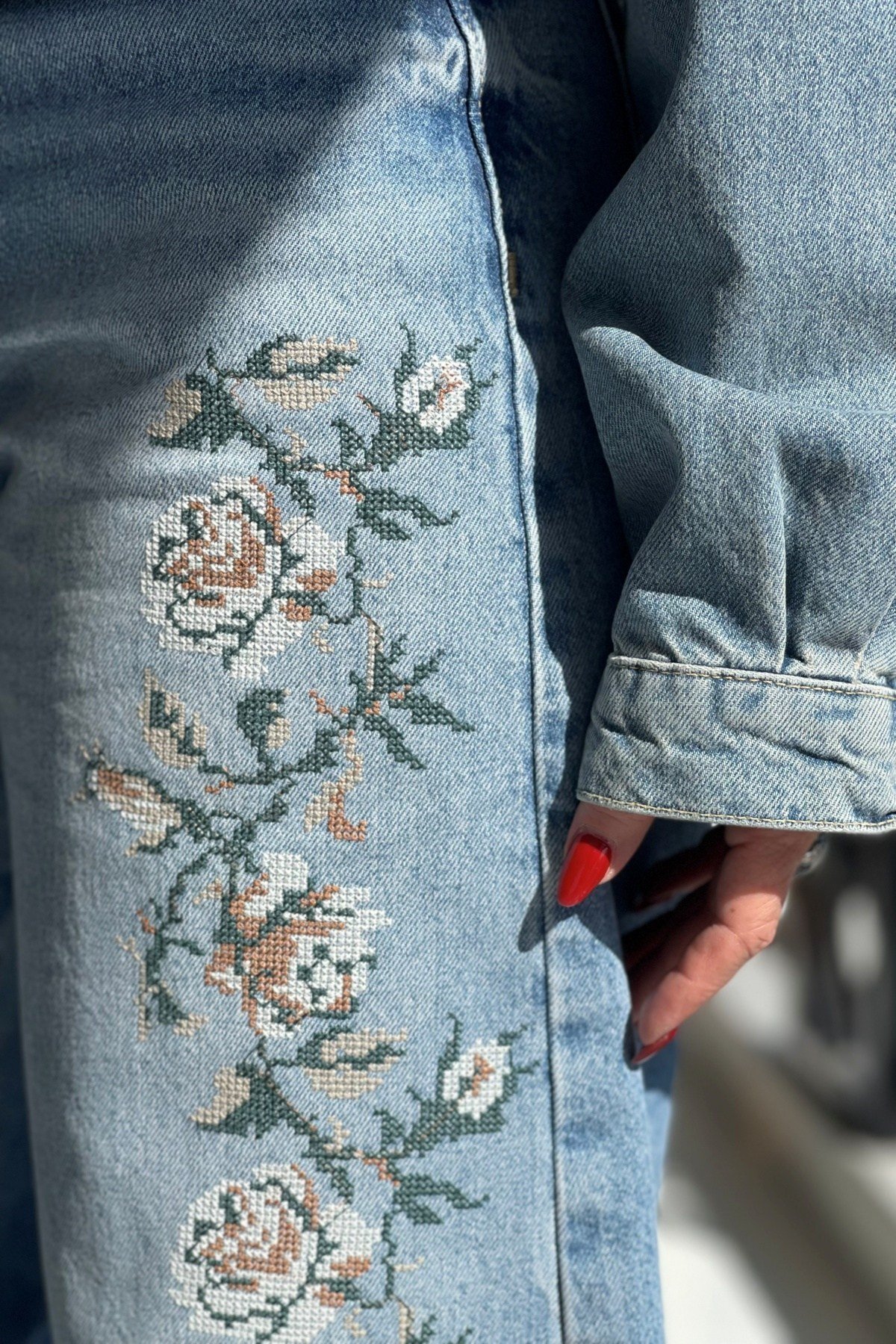 Bej Nakış Baggy Jean