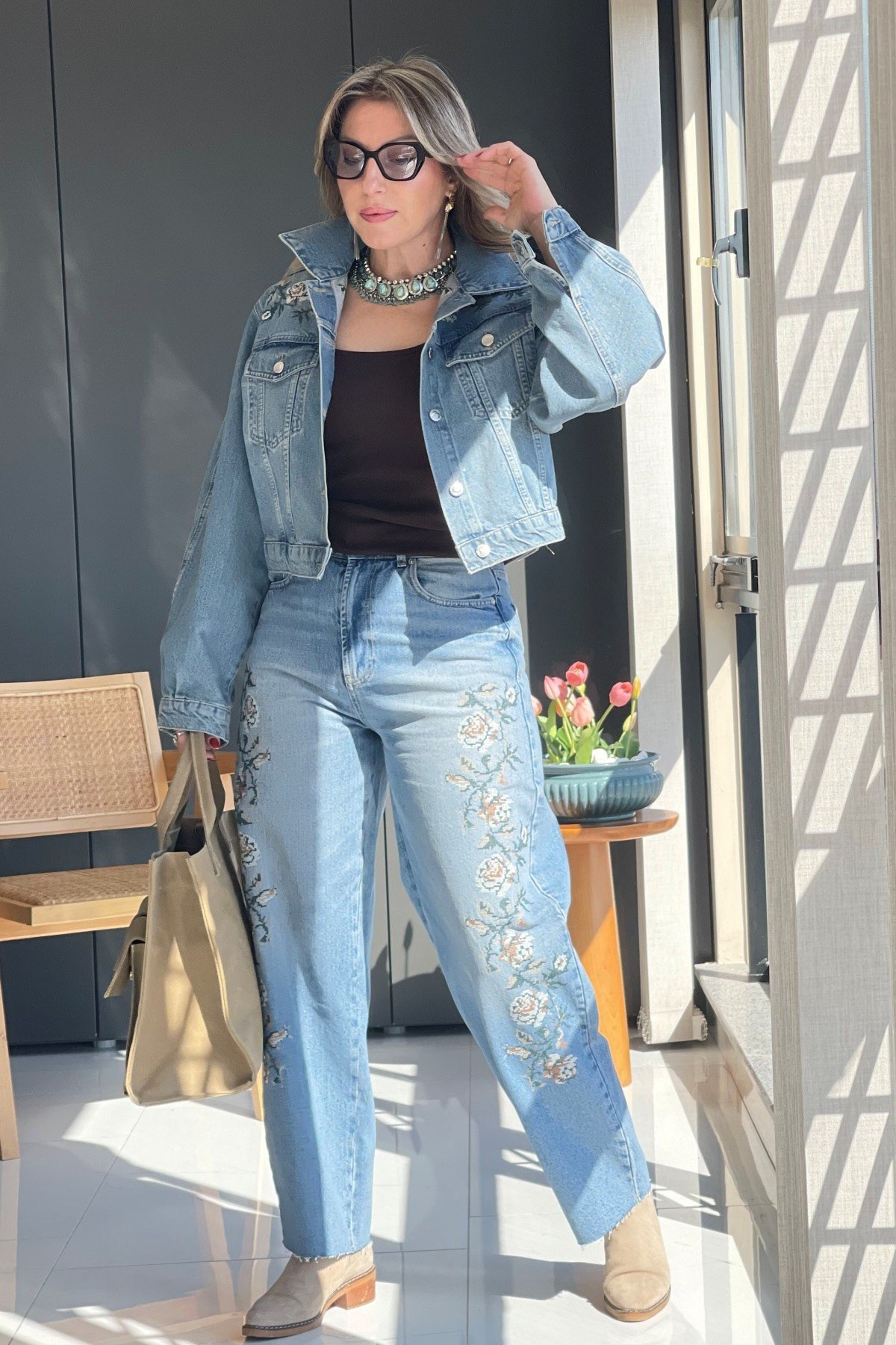 Bej Nakış Jean Ceket