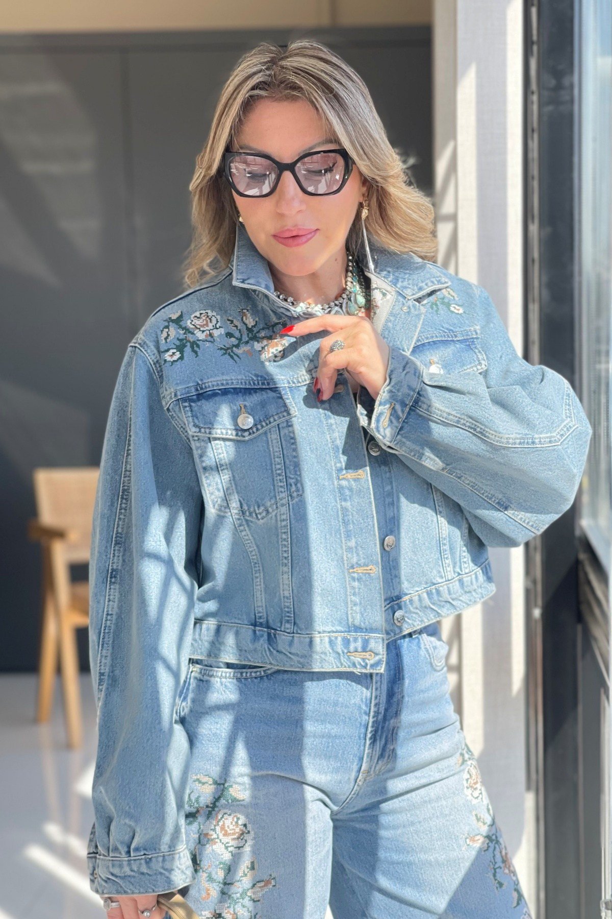 Bej Nakış Jean Ceket