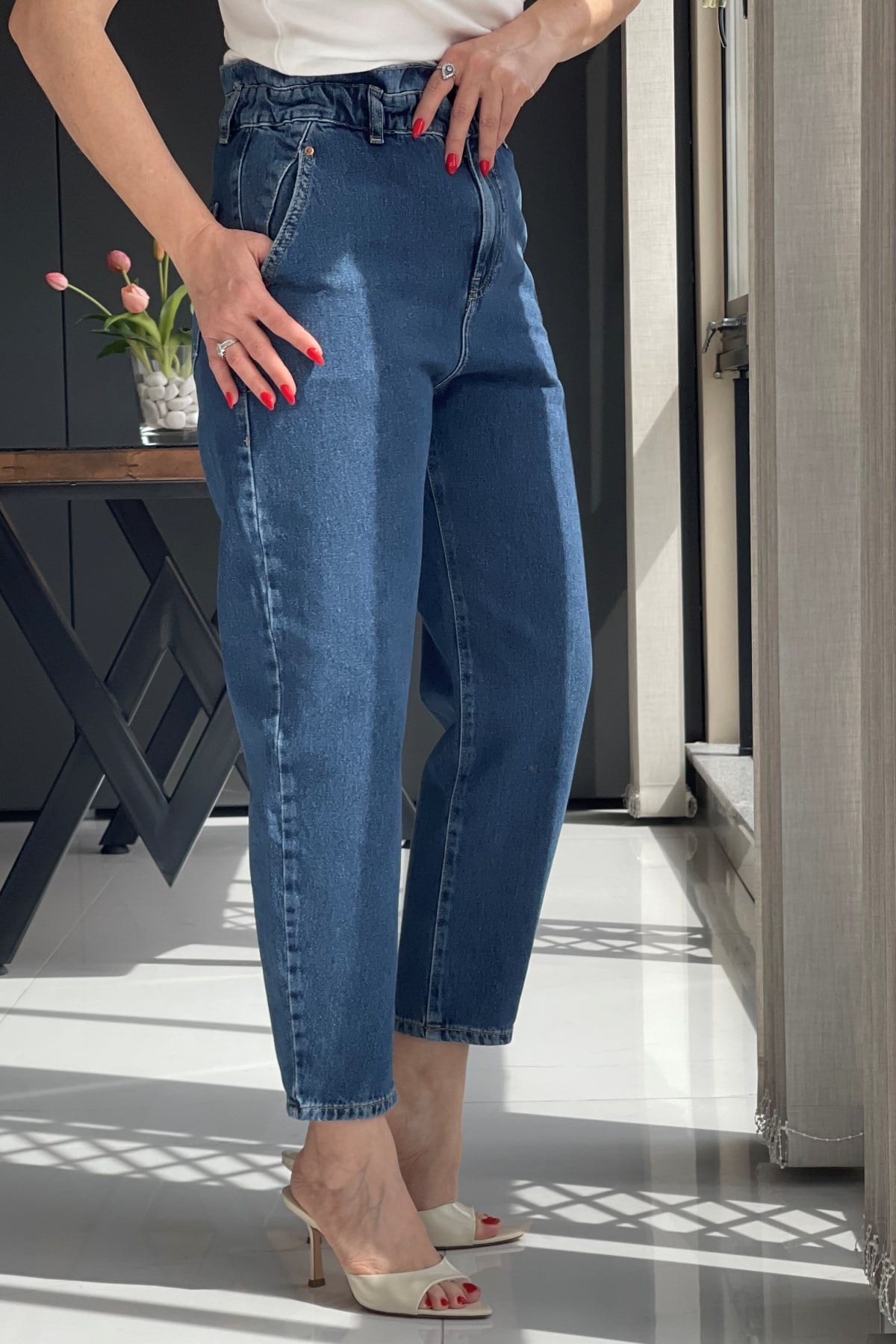 Bel Lastik Detay Koyu Mavi Jean