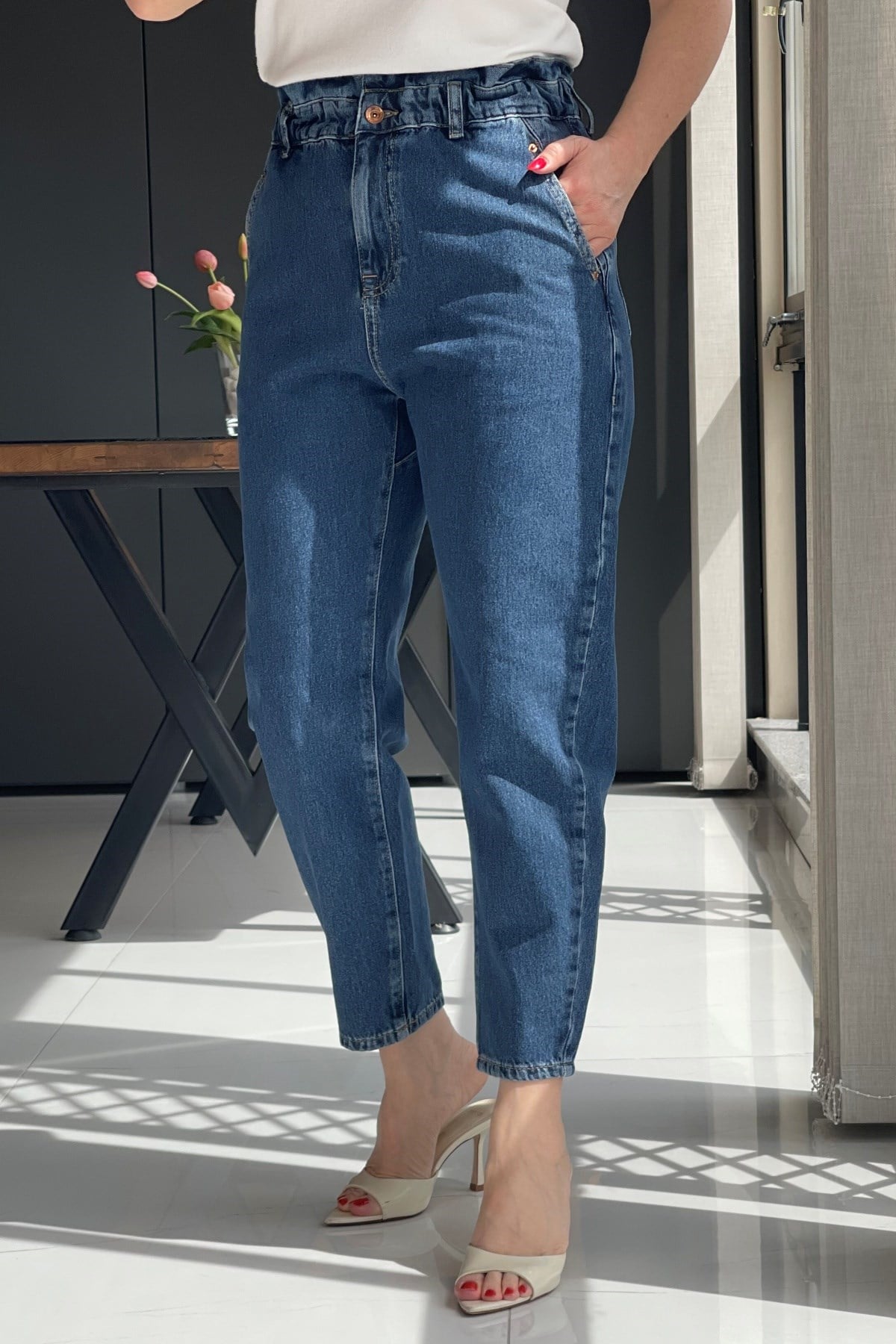 Bel Lastik Detay Koyu Mavi Jean