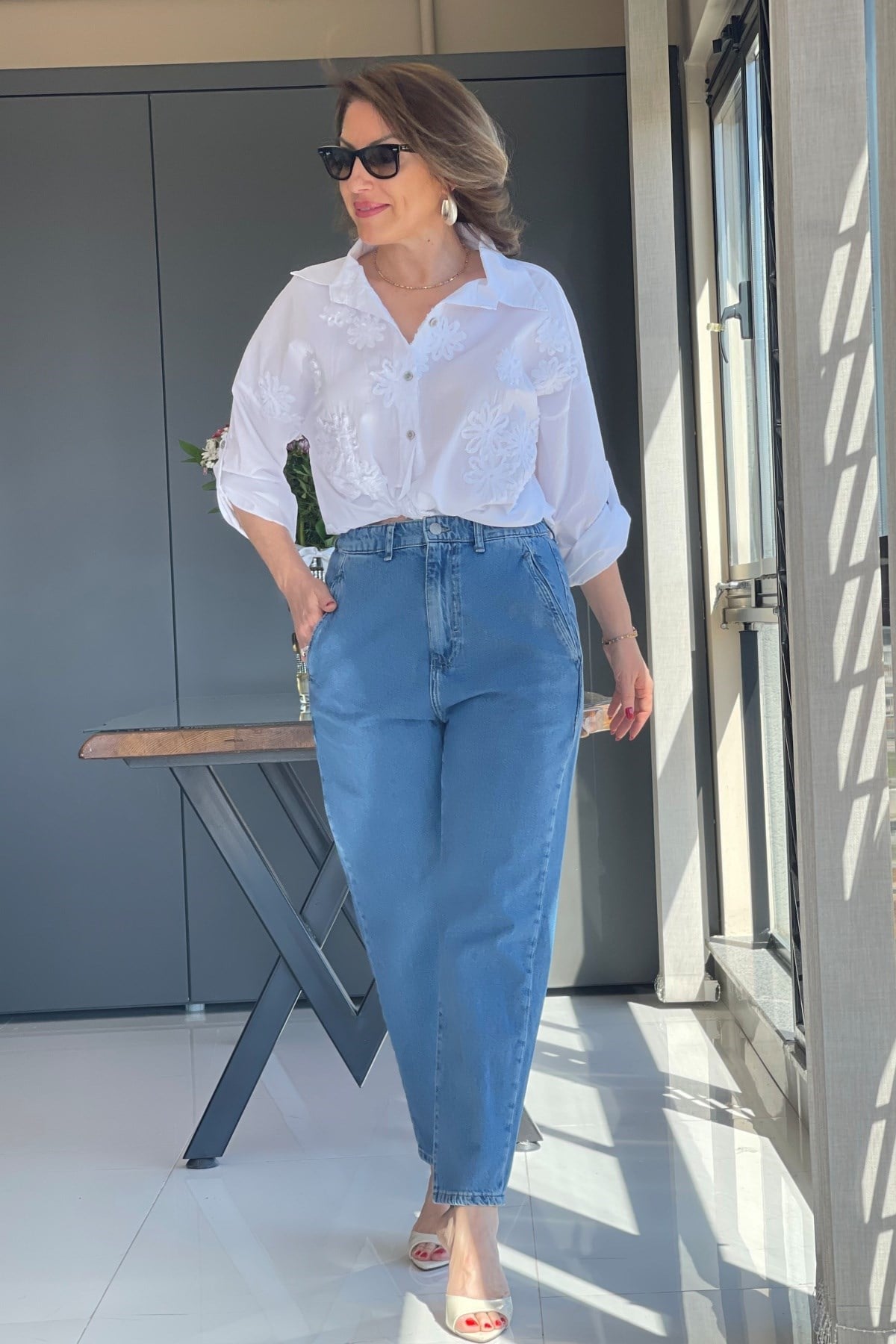 Bel Lastik Detay Mavi Jean