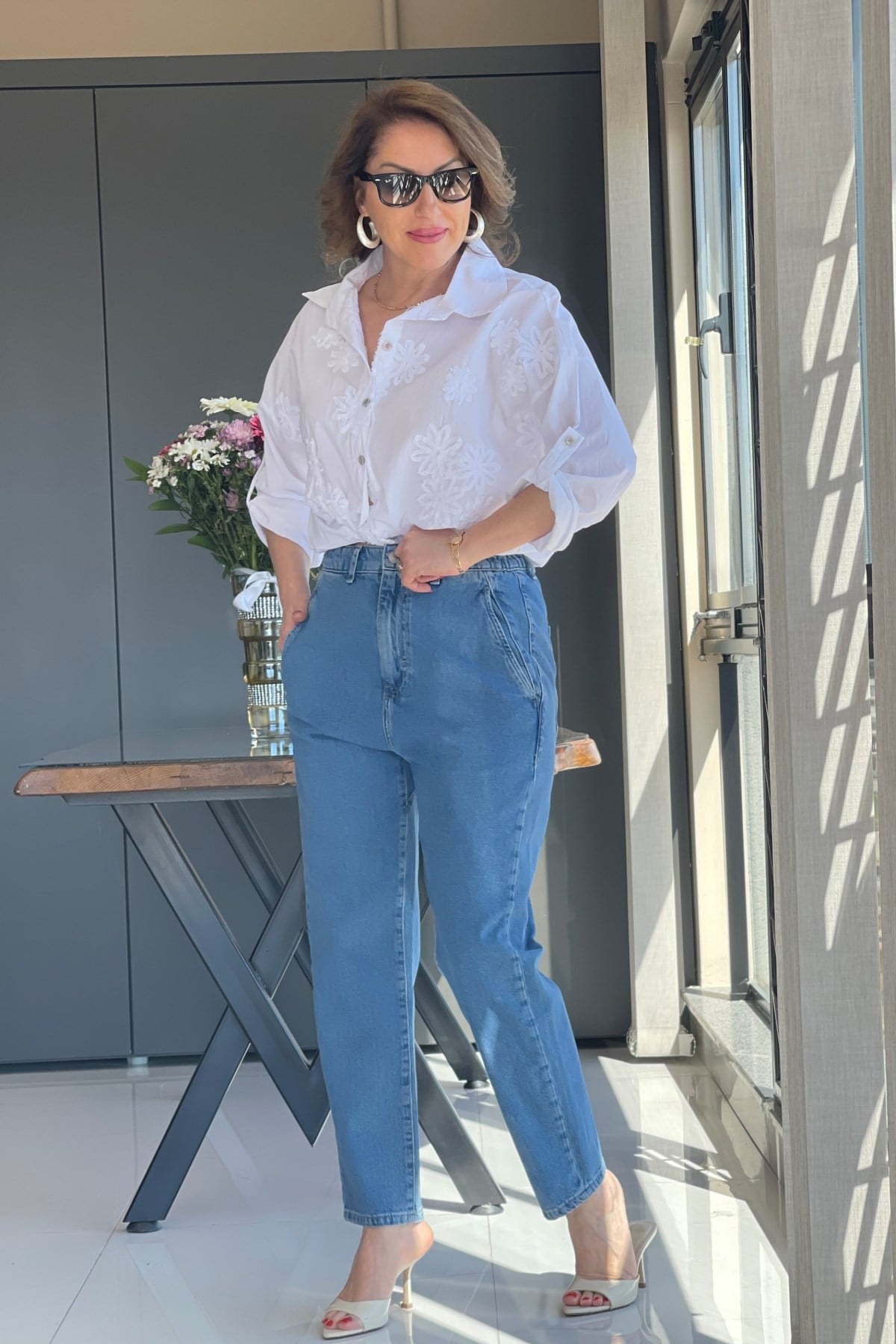 Bel Lastik Detay Mavi Jean