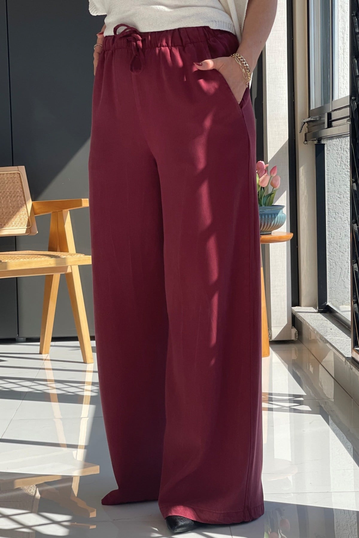Bel Lastik Detay Tencel Bordo Pantolon