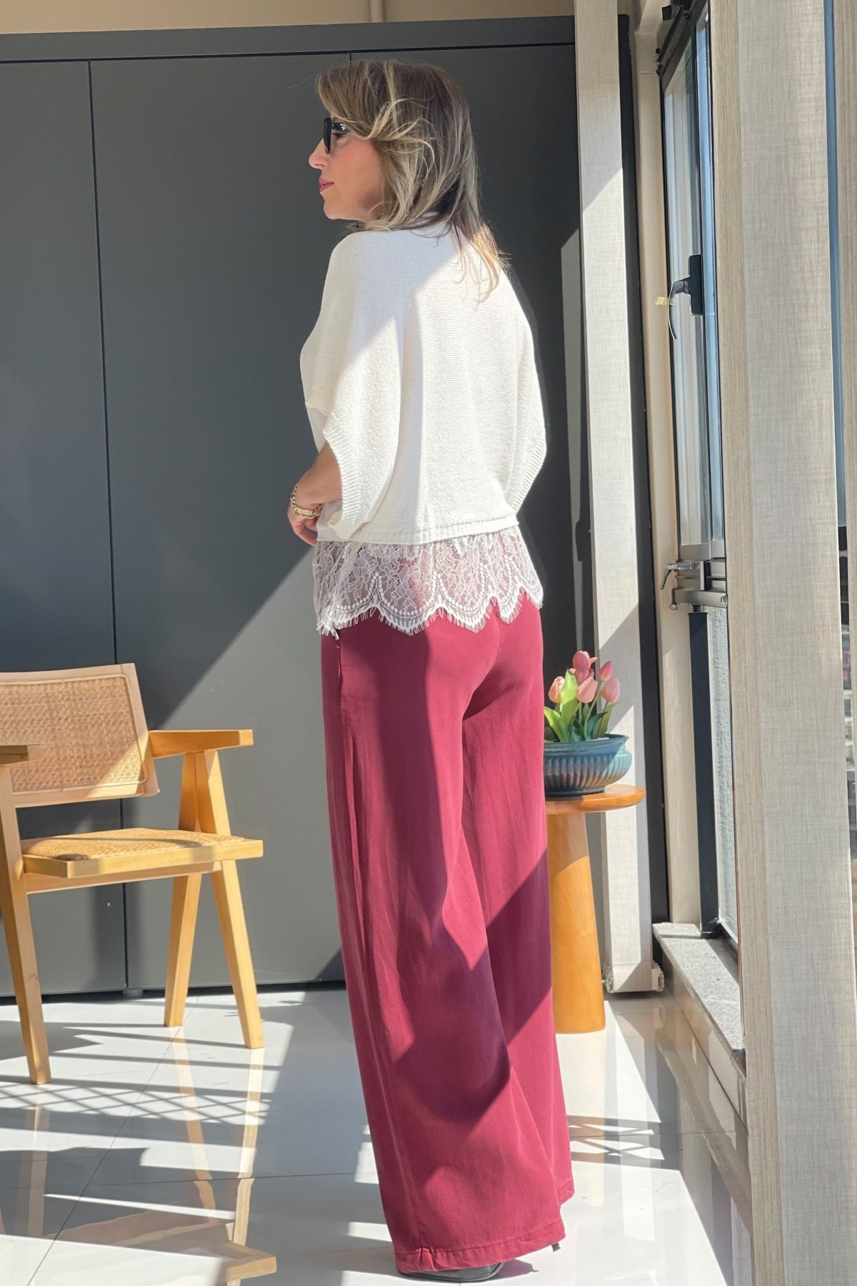 Bel Lastik Detay Tencel Bordo Pantolon