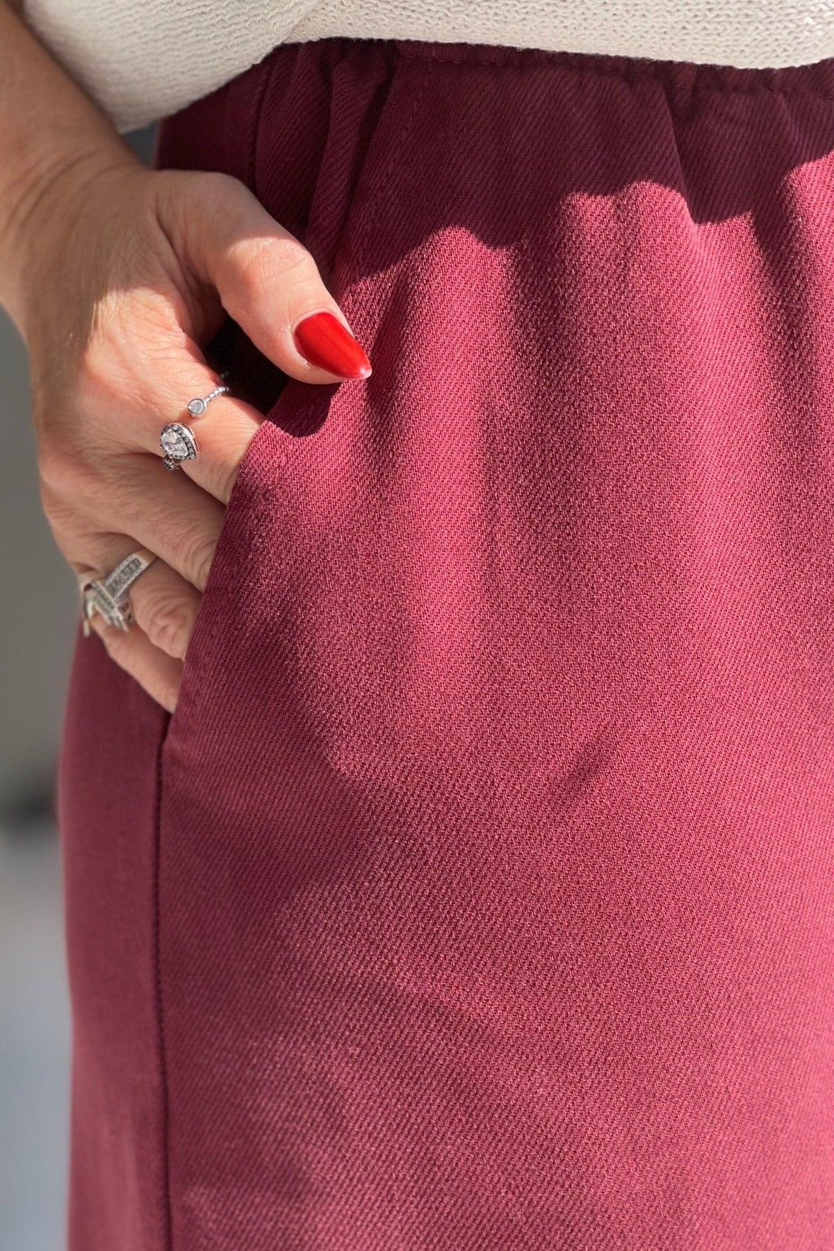 Bel Lastik Detay Tencel Bordo Pantolon