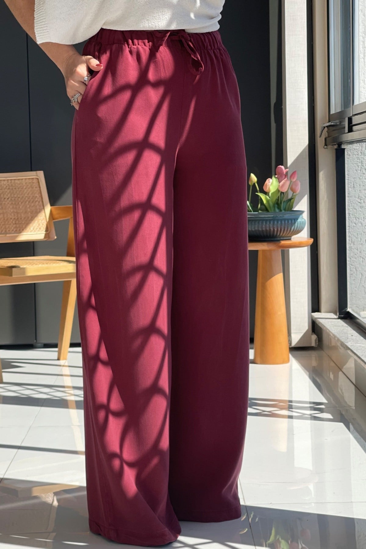 Bel Lastik Detay Tencel Bordo Pantolon
