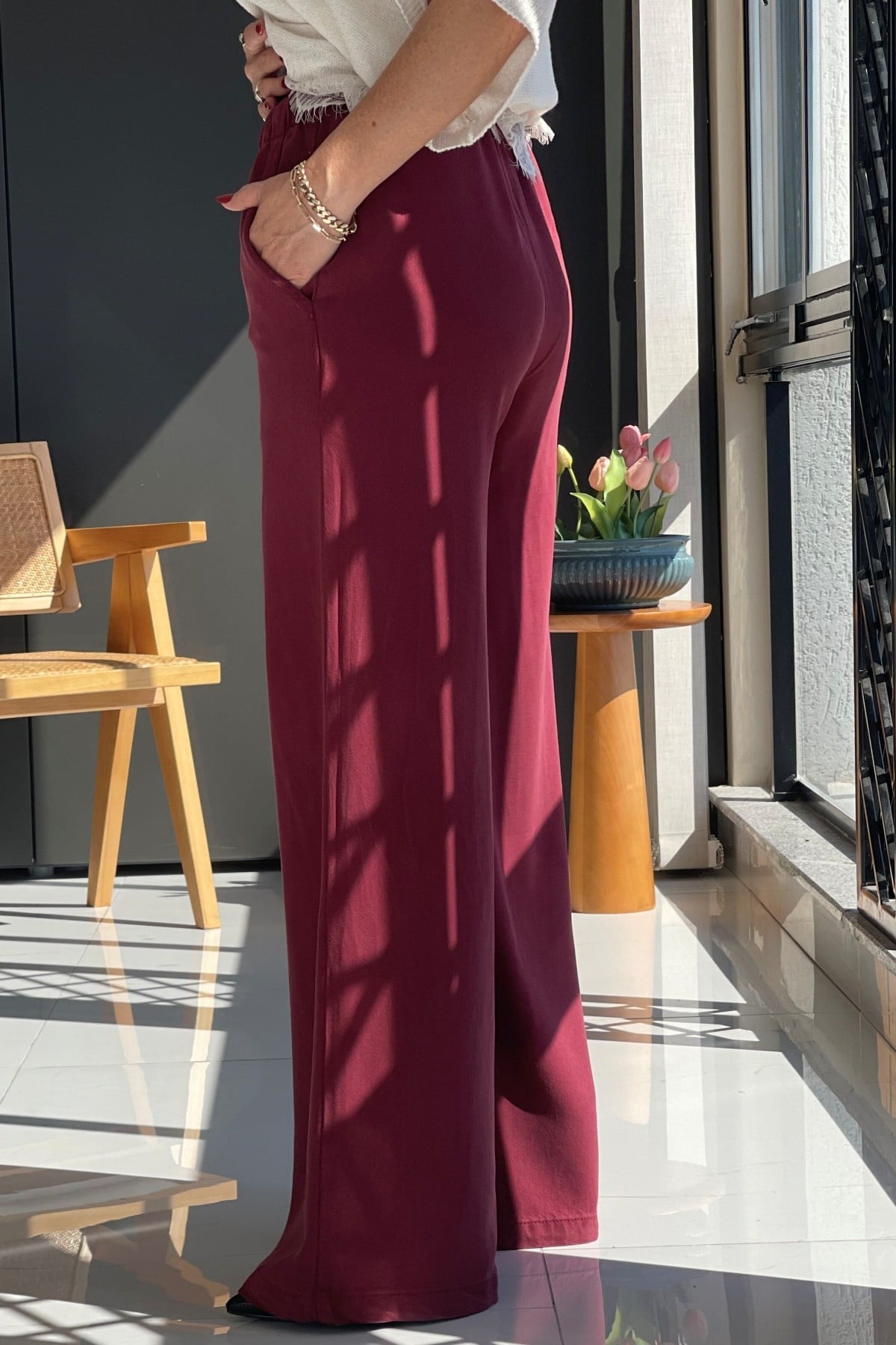 Bel Lastik Detay Tencel Bordo Pantolon