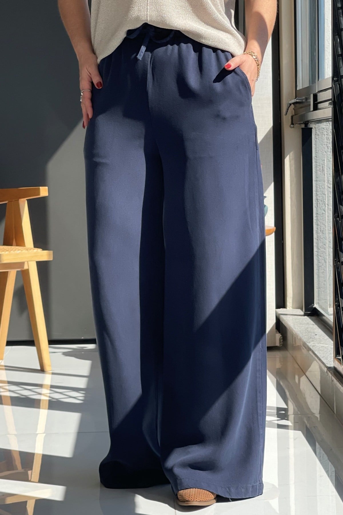 Bel Lastik Detay Tencel Lacivert Pantolon