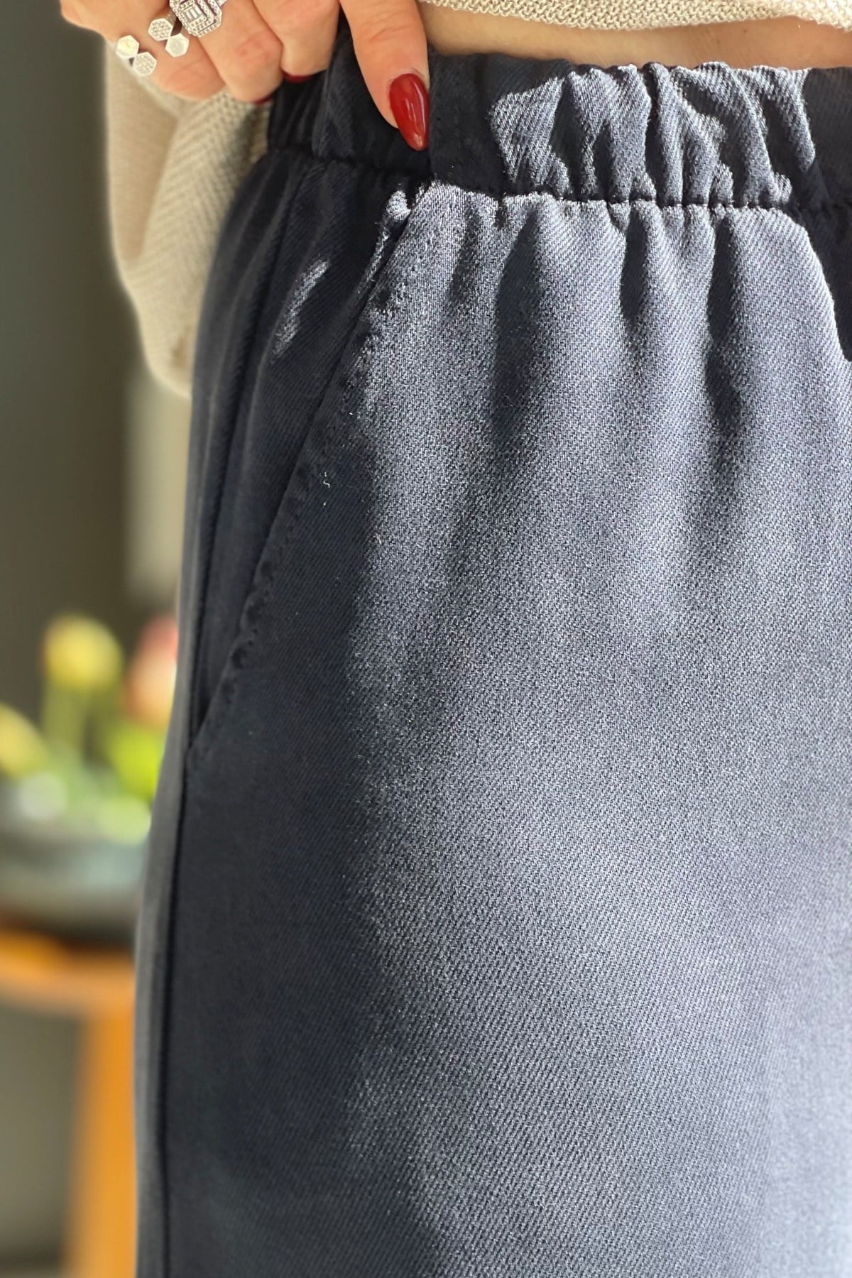 Bel Lastik Detay Tencel Lacivert Pantolon
