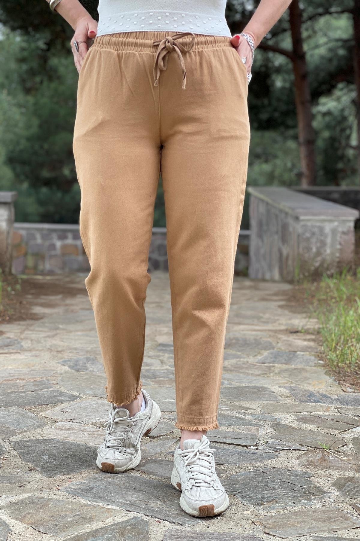 Beli Lastikli Paça Detalı Gabardin Pantolon Vizon