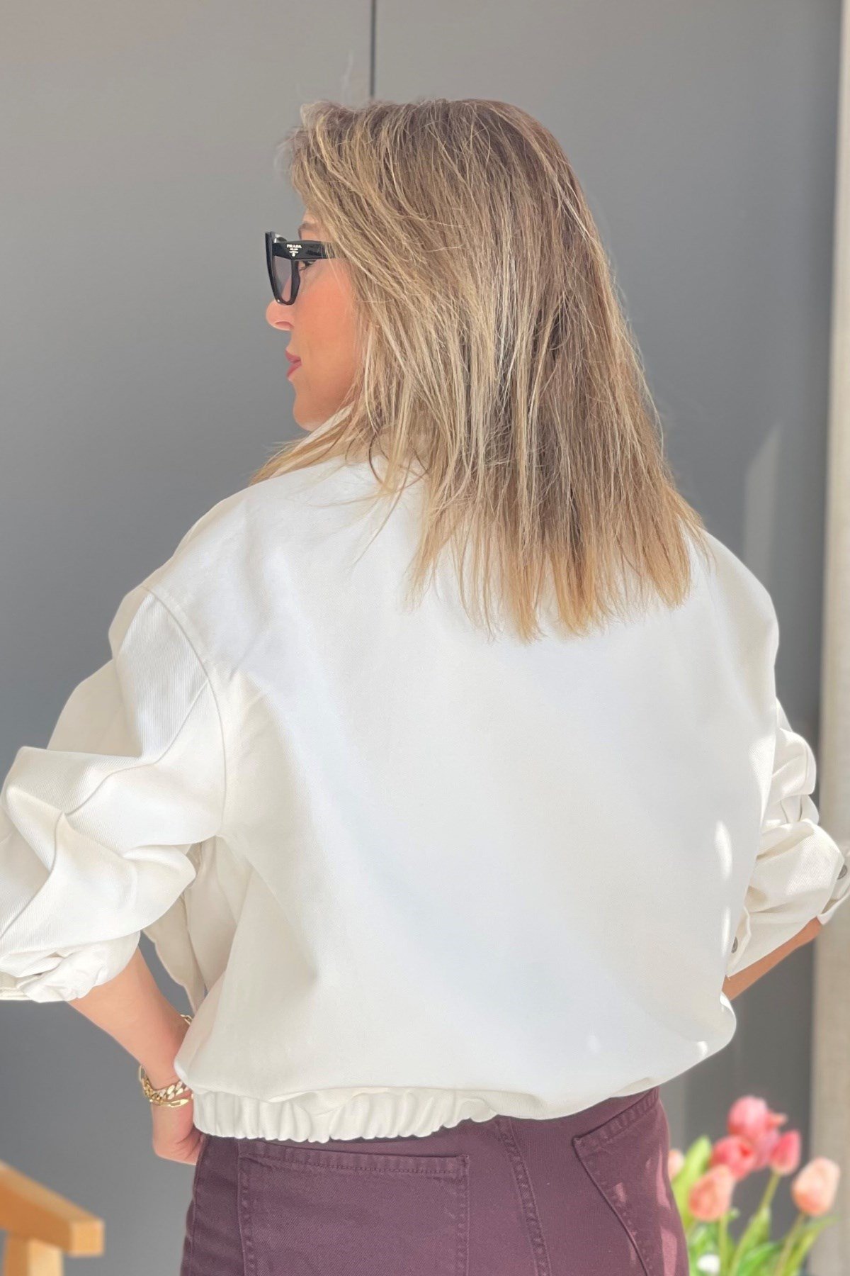 Beyaz Gabardin Bomber Ceket