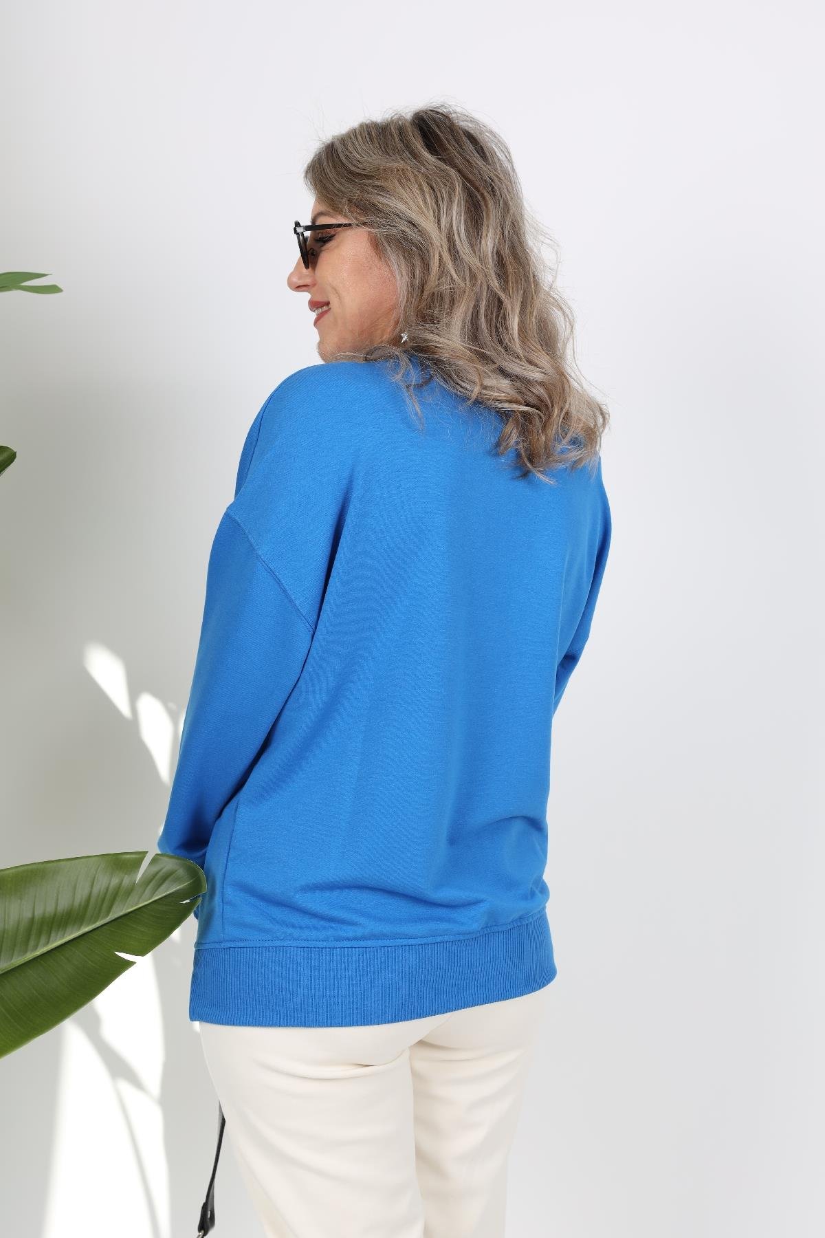 Bisiklet Yaka Mavi Sweat
