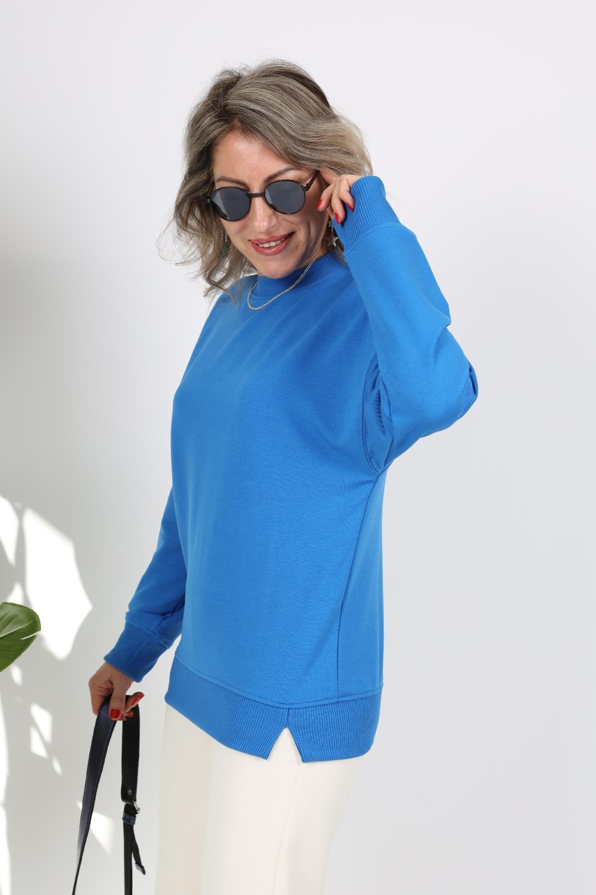 Bisiklet Yaka Mavi Sweat