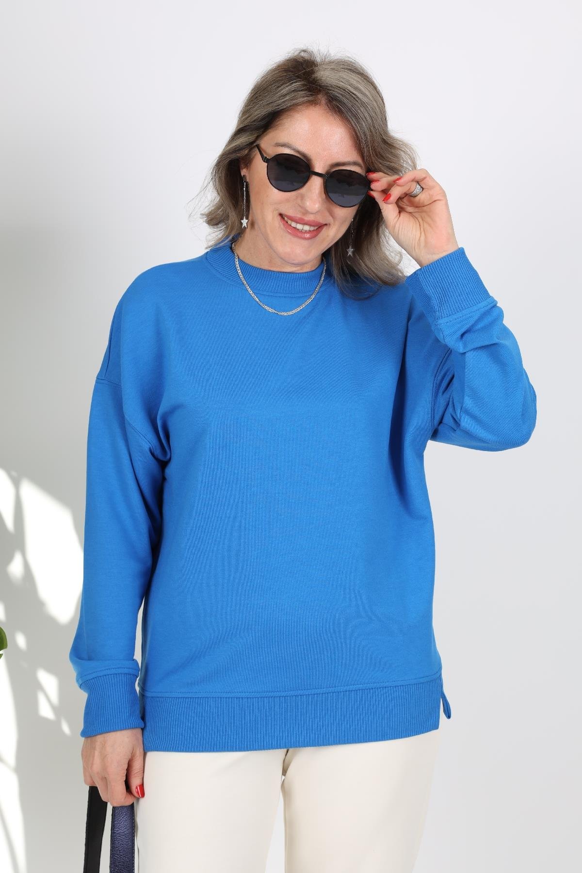 Bisiklet Yaka Mavi Sweat