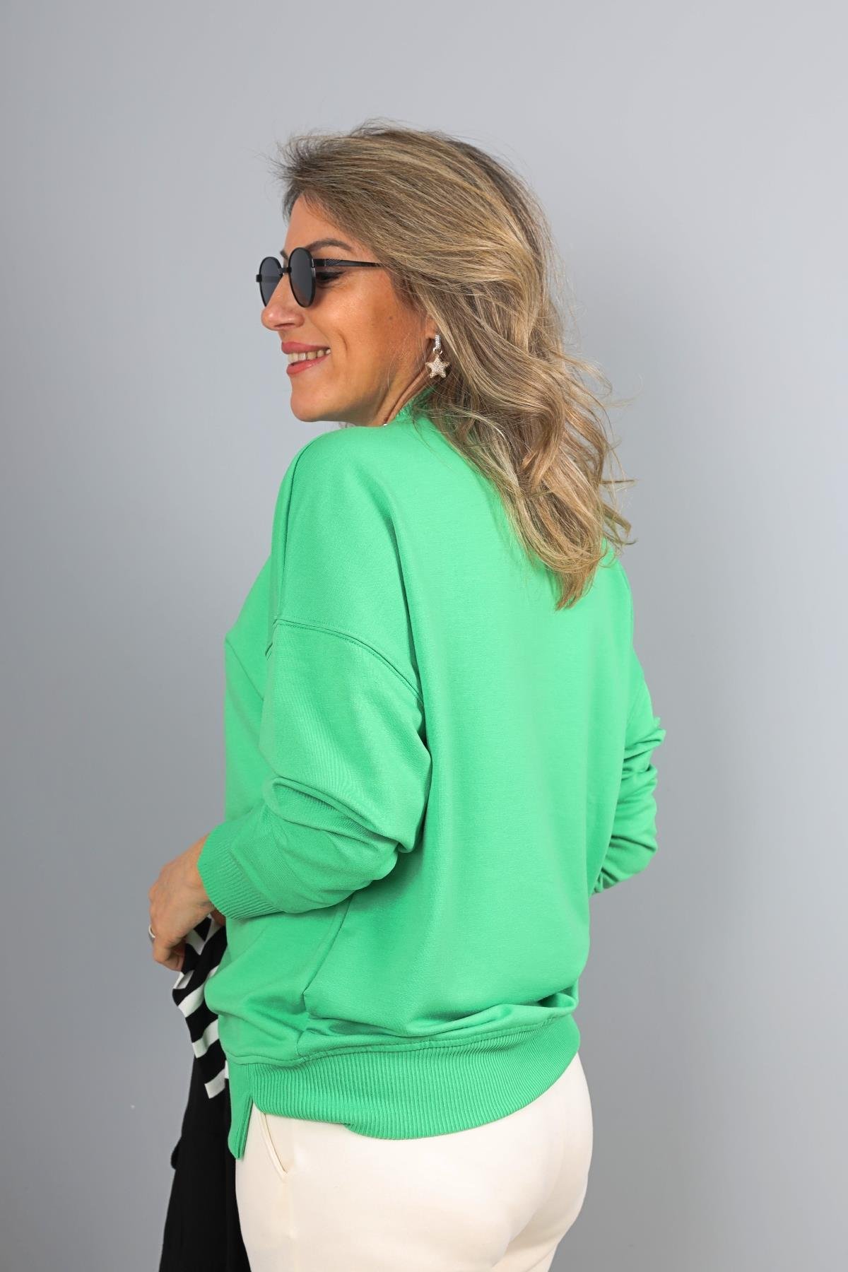 Bisiklet Yaka Yeşil Sweat