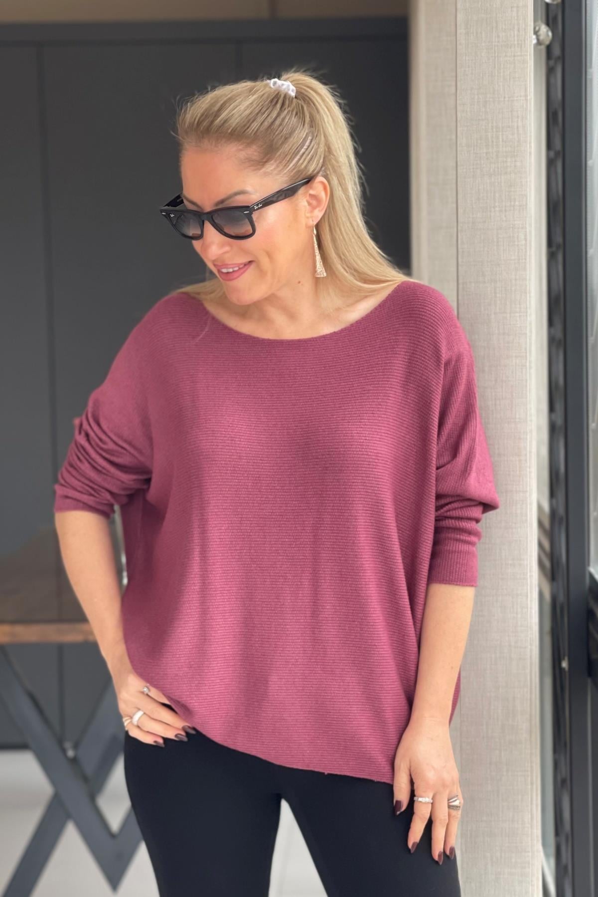 Bordo Düz Desen Örme Bluz