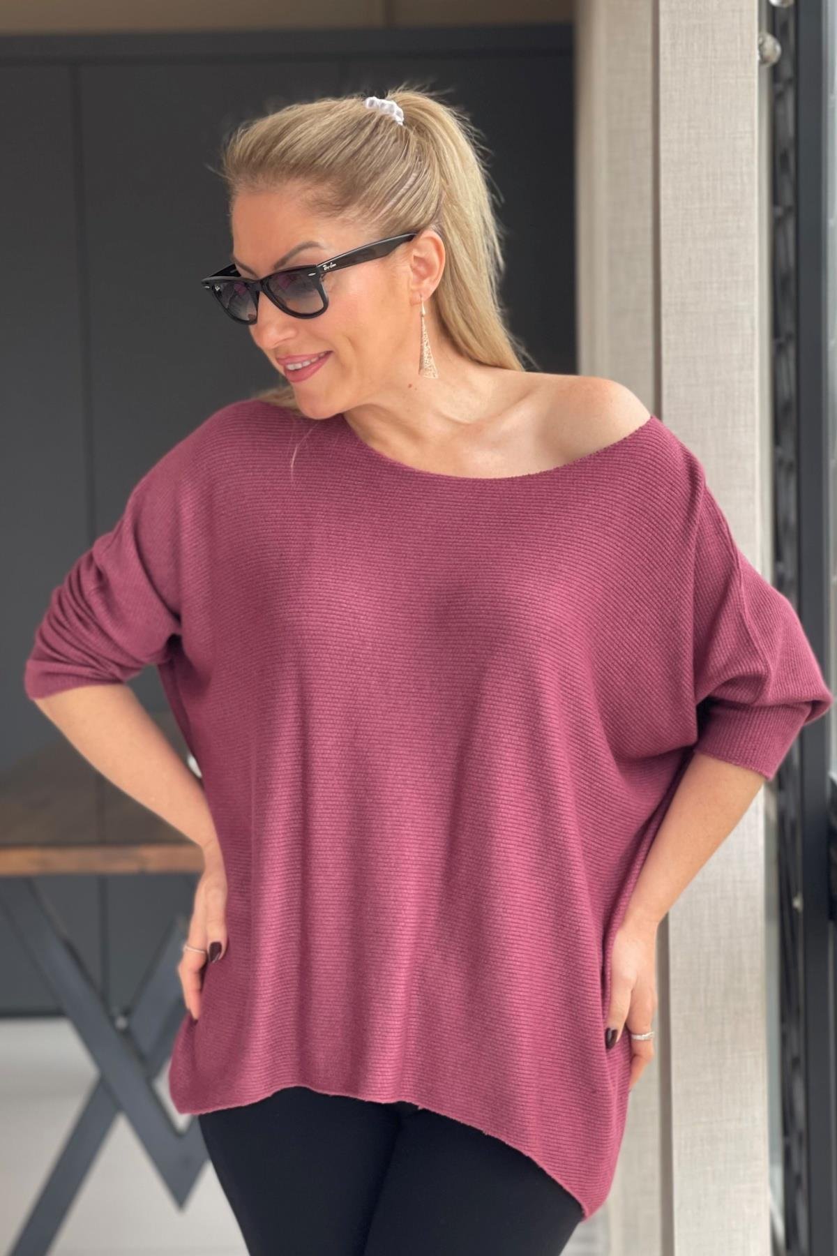 Bordo Düz Desen Örme Bluz