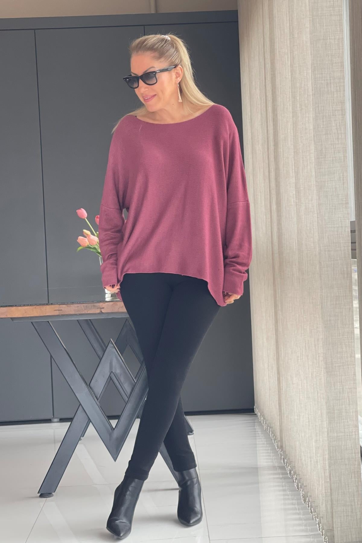Bordo Düz Desen Örme Bluz