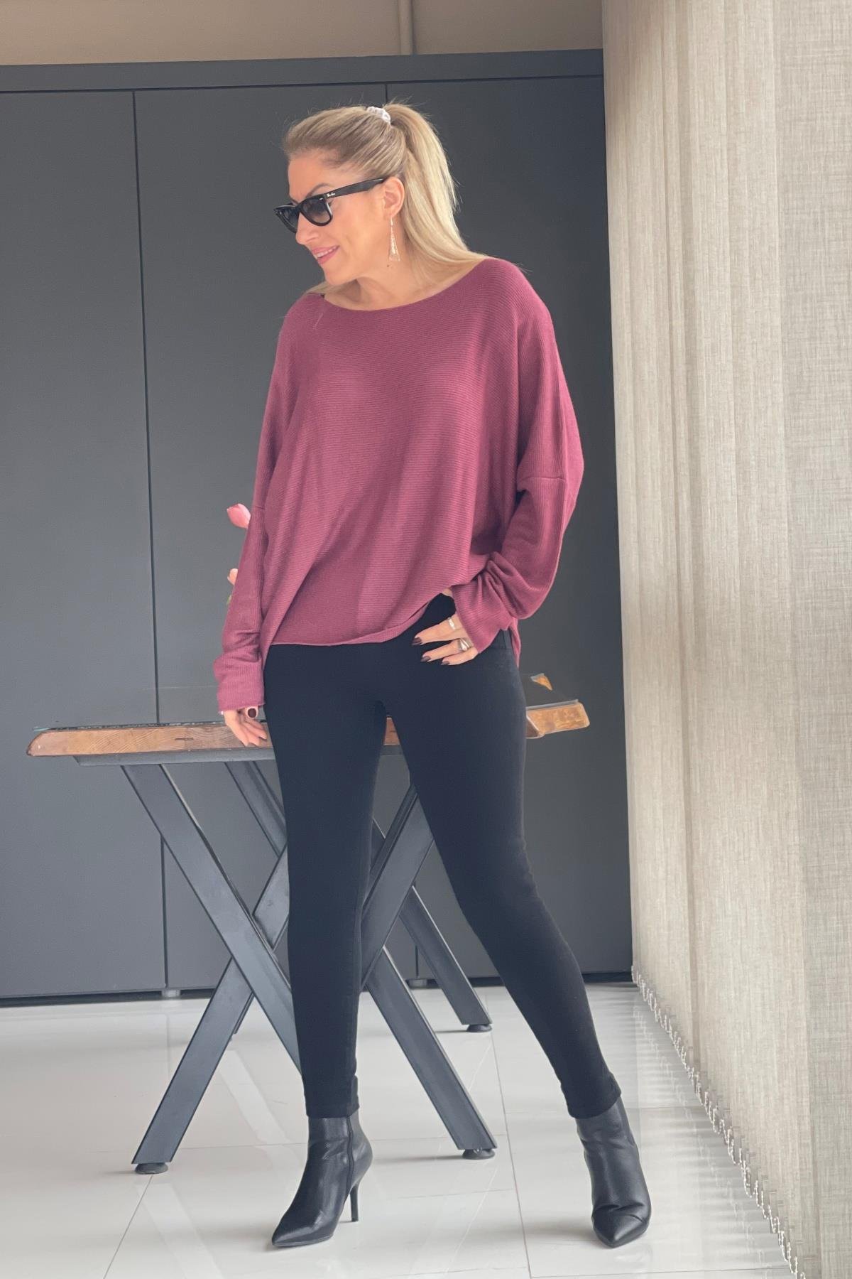 Bordo Düz Desen Örme Bluz