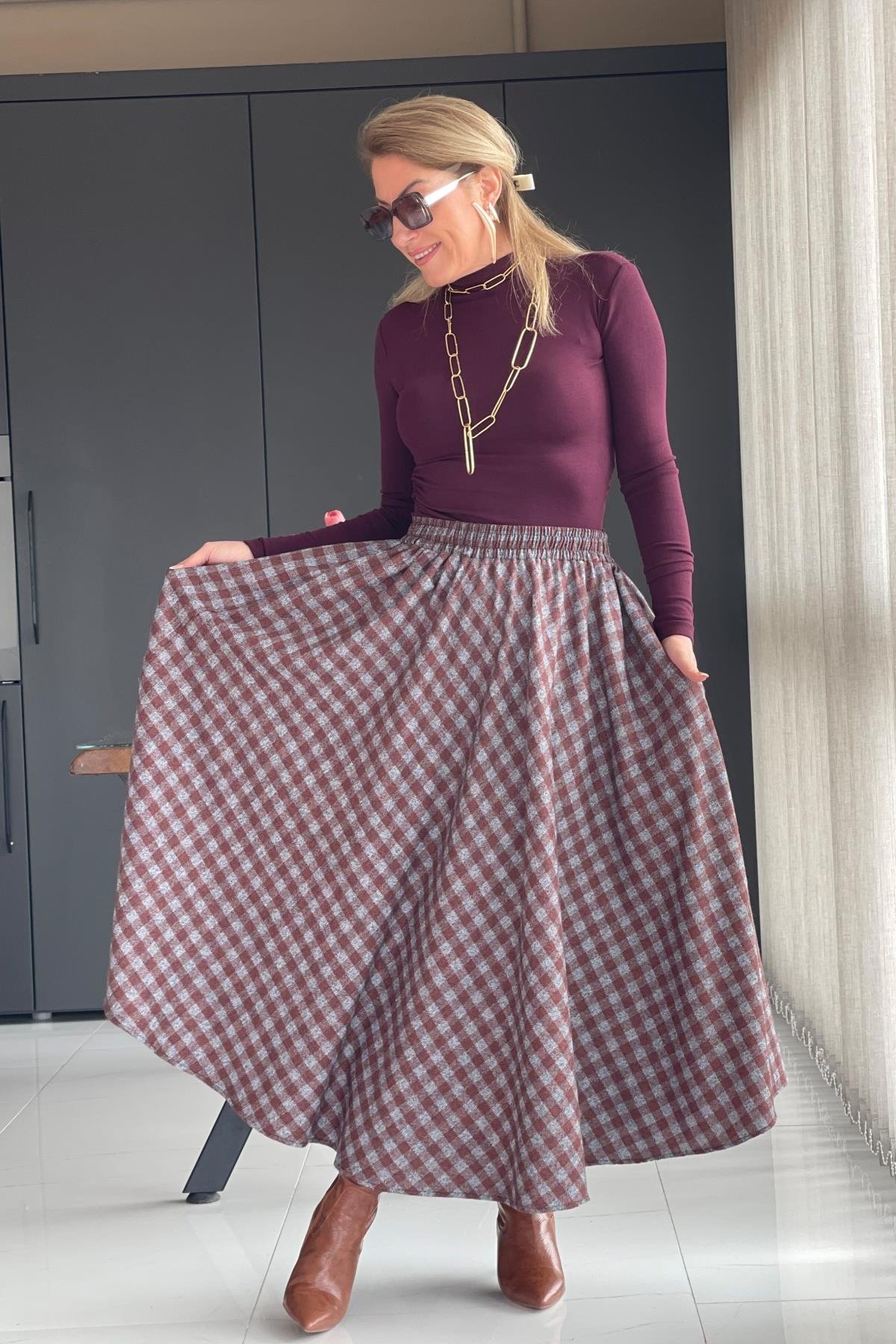 Bordo Gri Kareli Kaşe Etek