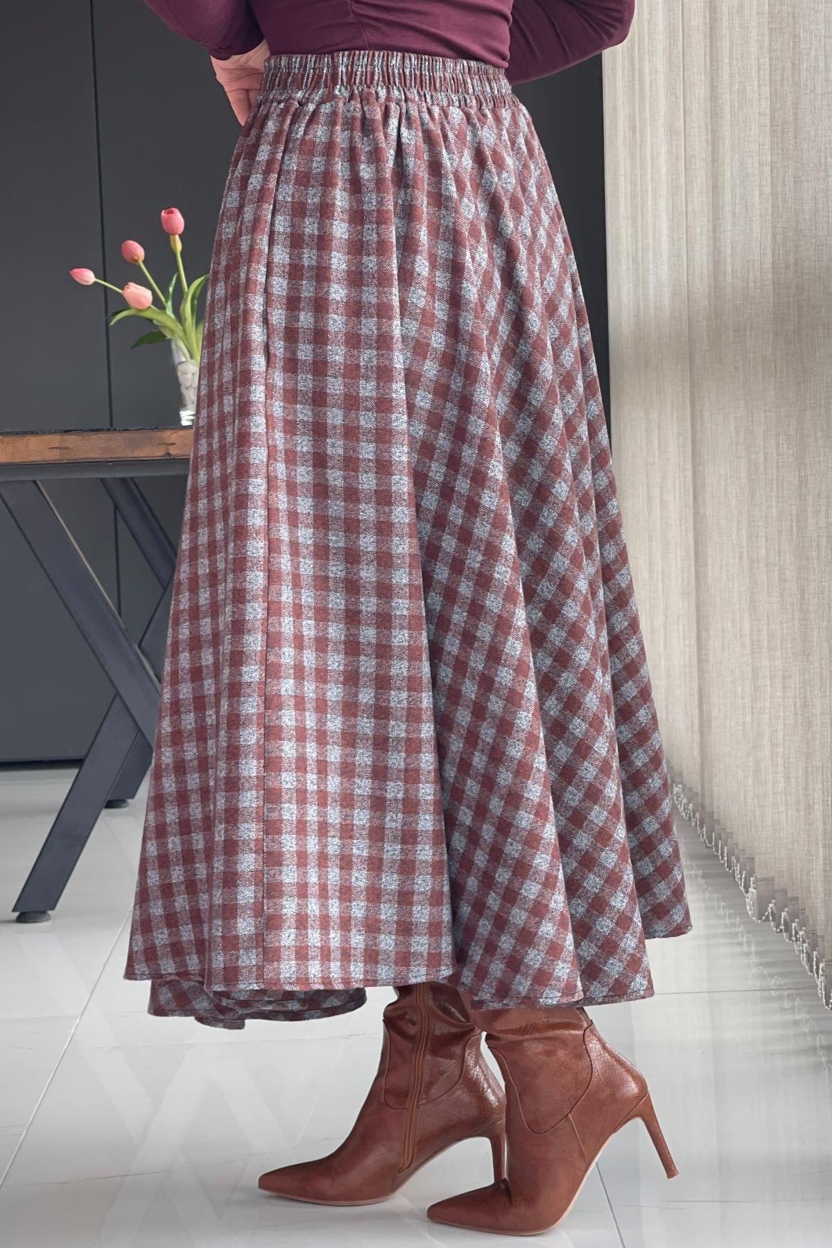 Bordo Gri Kareli Kaşe Etek