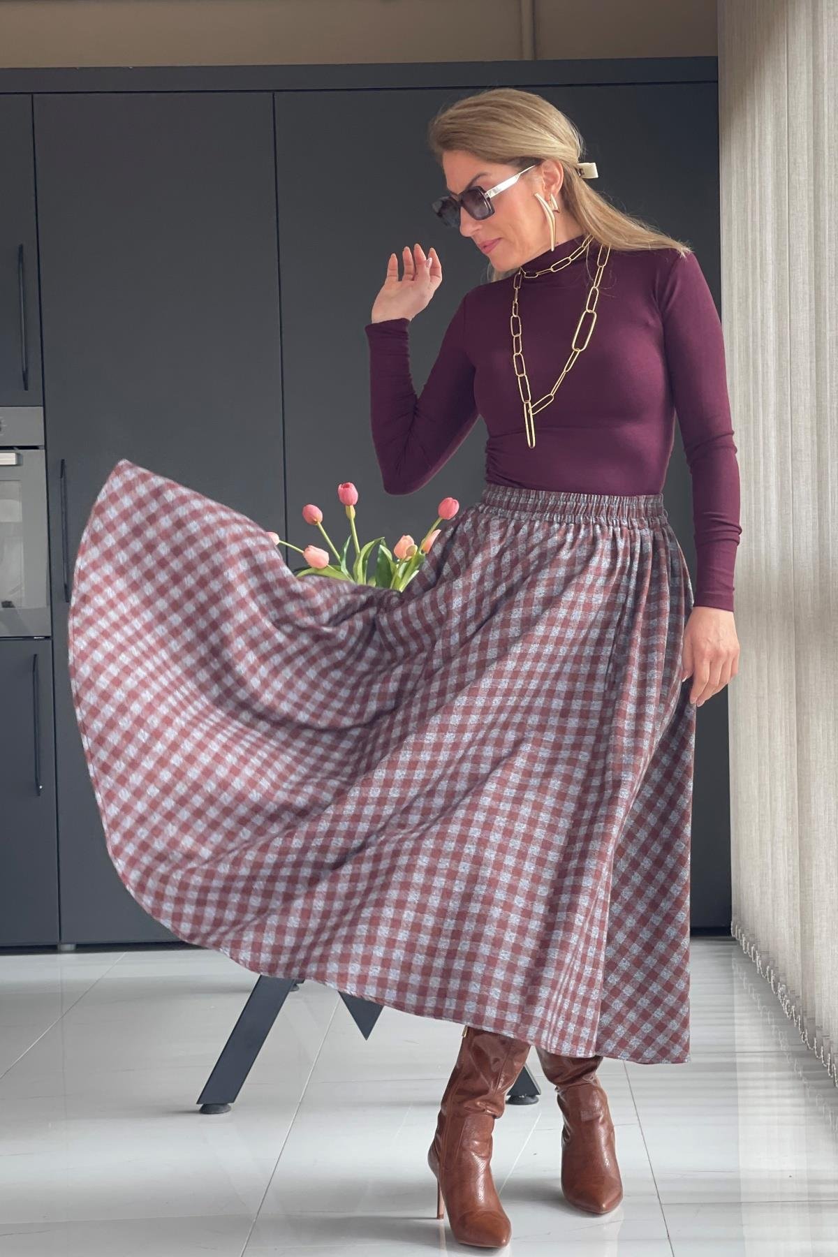 Bordo Gri Kareli Kaşe Etek