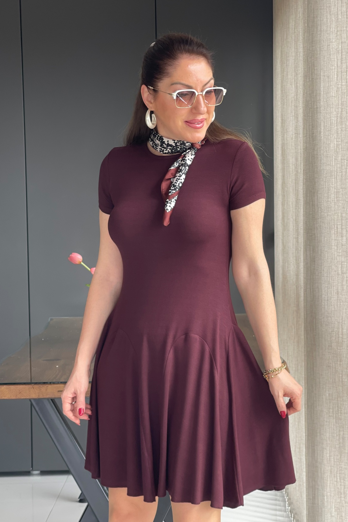 Bordo Mini Triko Elbise