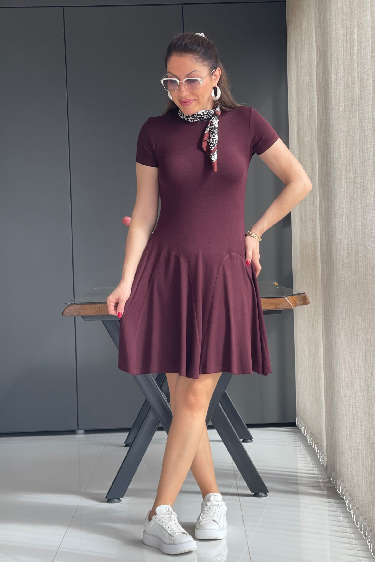 Bordo Mini Triko Elbise