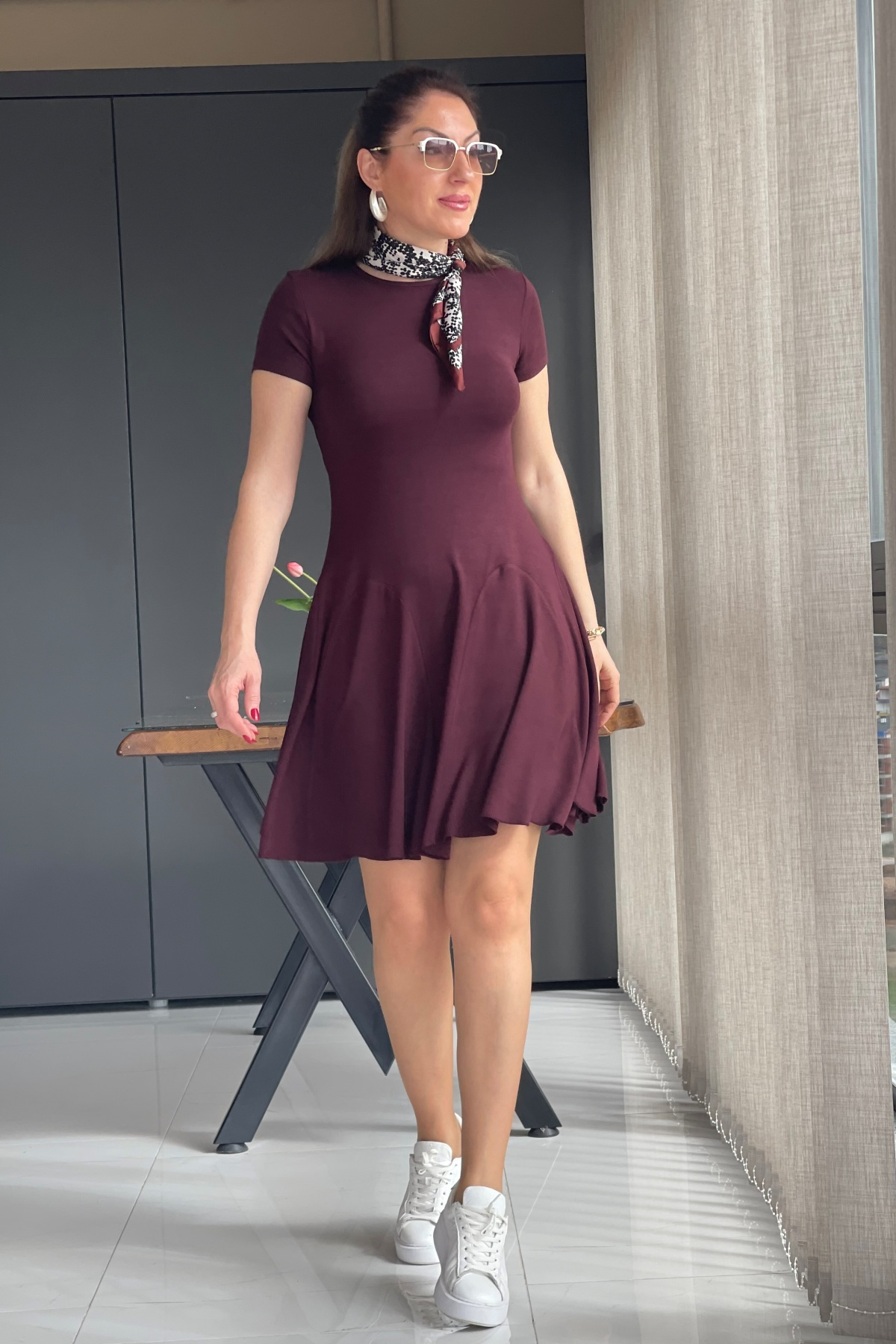 Bordo Mini Triko Elbise