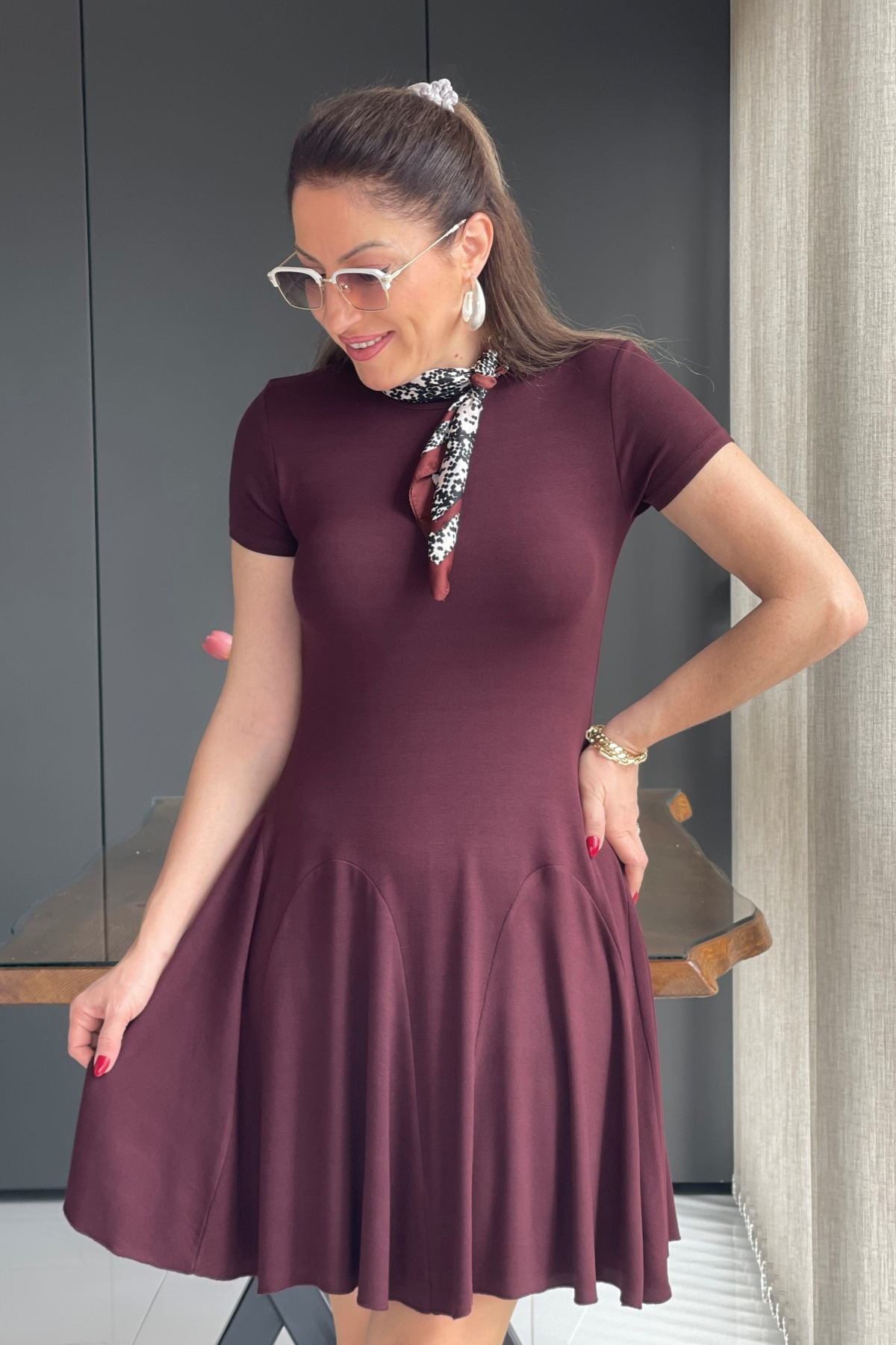 Bordo Mini Triko Elbise