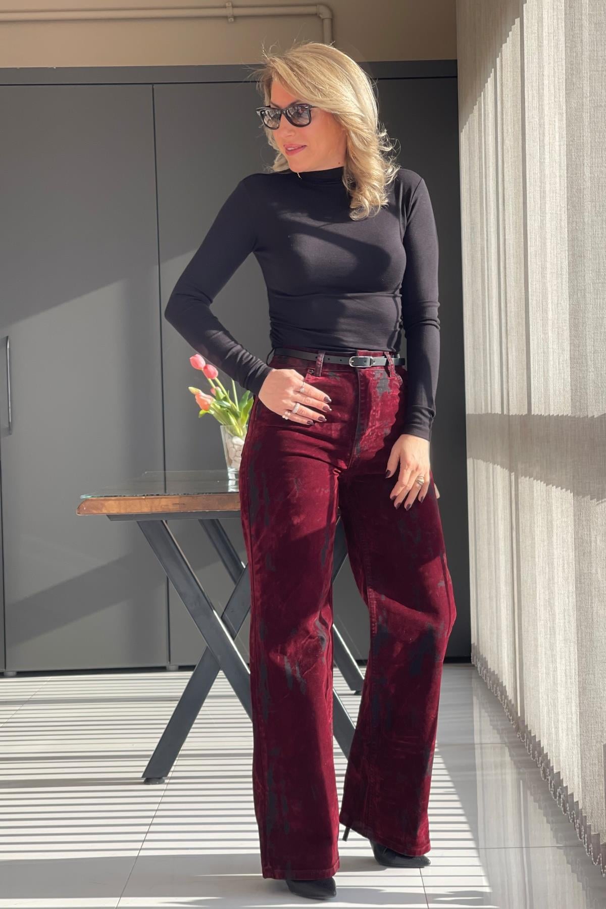 Bordo Siyah Kadife Pantolon